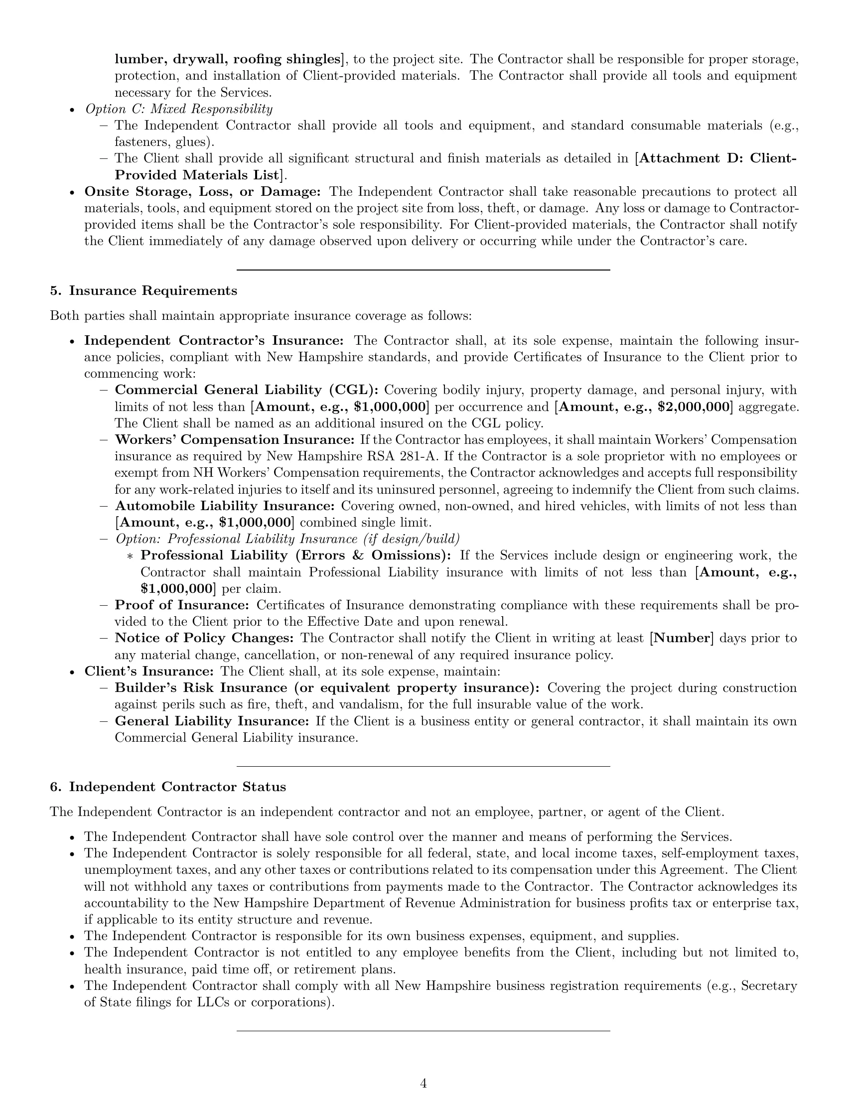 Preview page 4 of Pro New Hampshire construction independent contractor agreement template
