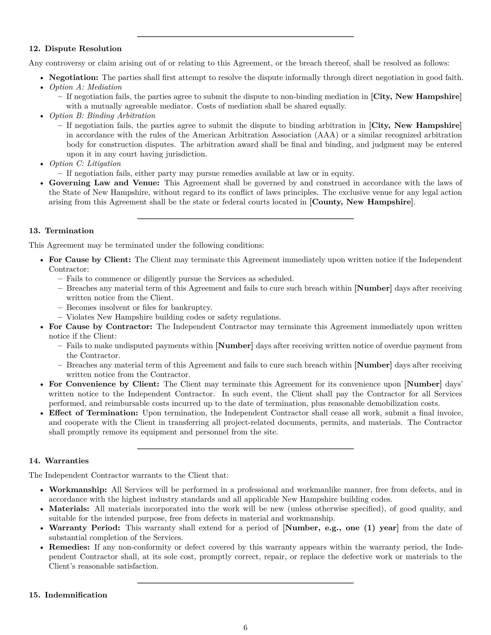 Preview page 6 of Pro New Hampshire construction independent contractor agreement template