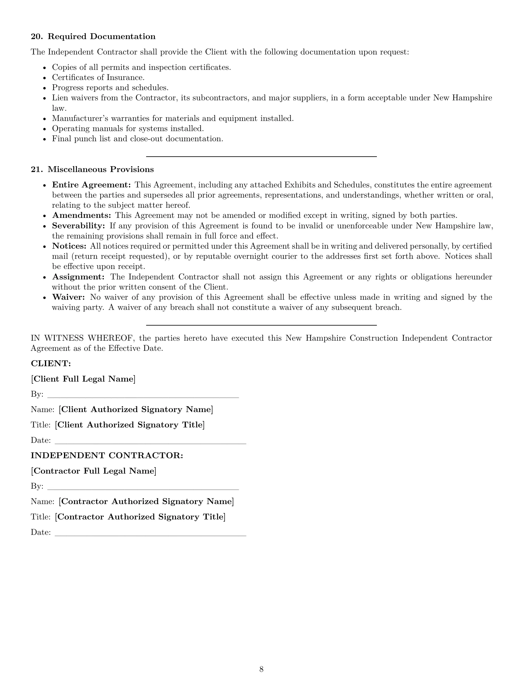 Preview page 8 of Pro New Hampshire construction independent contractor agreement template