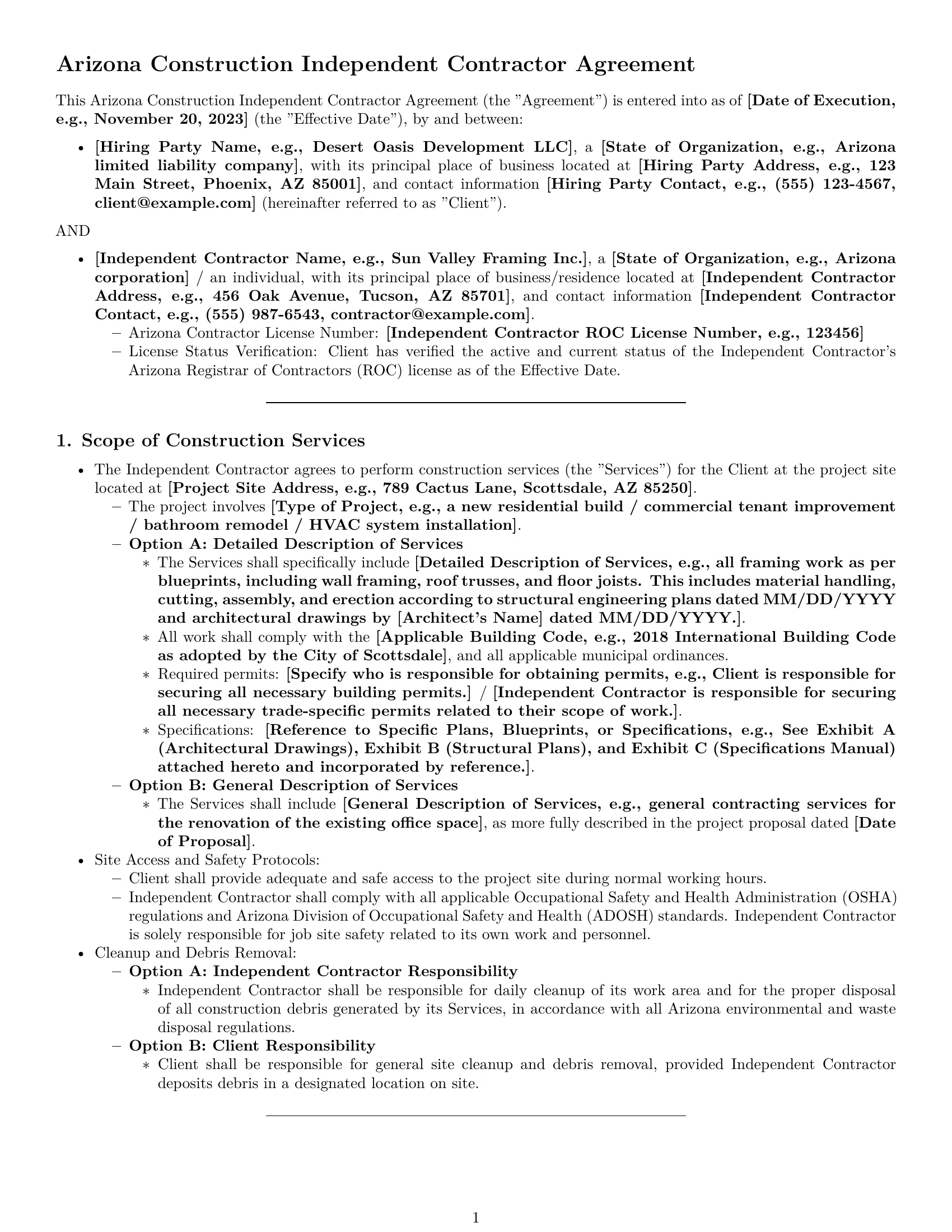 Preview page 1 of Pro Arizona construction independent contractor agreement template