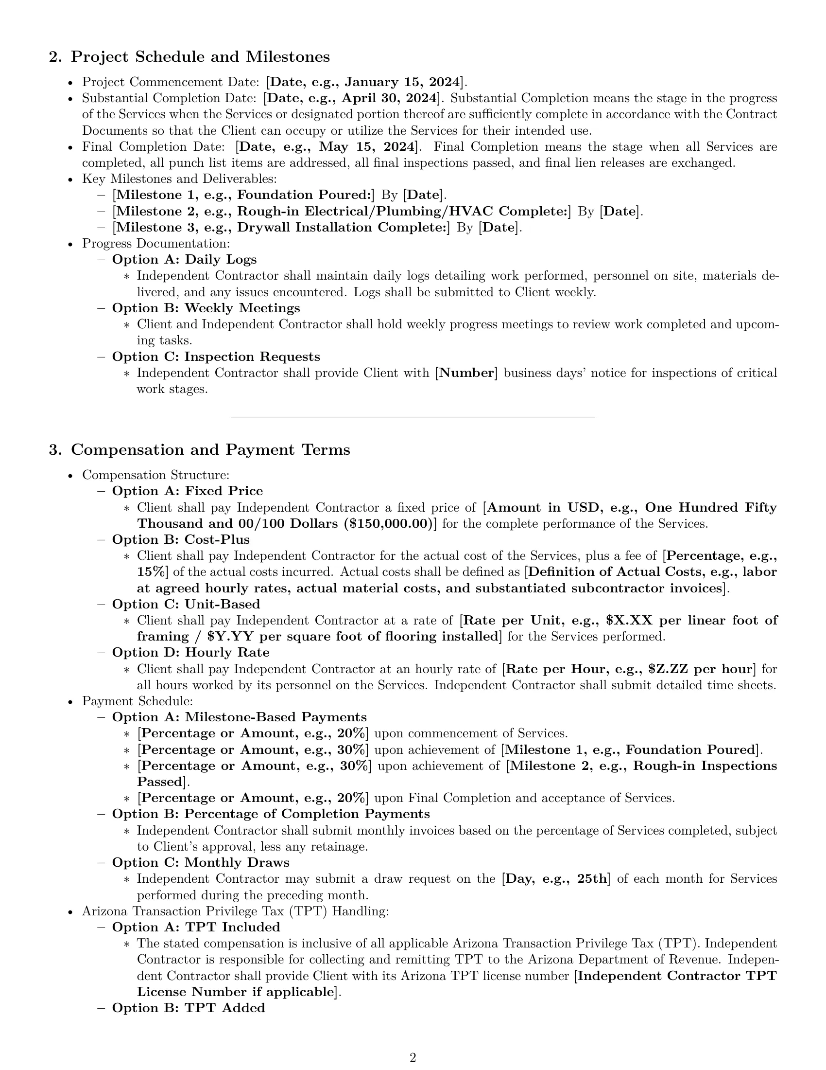 Preview page 2 of Pro Arizona construction independent contractor agreement template