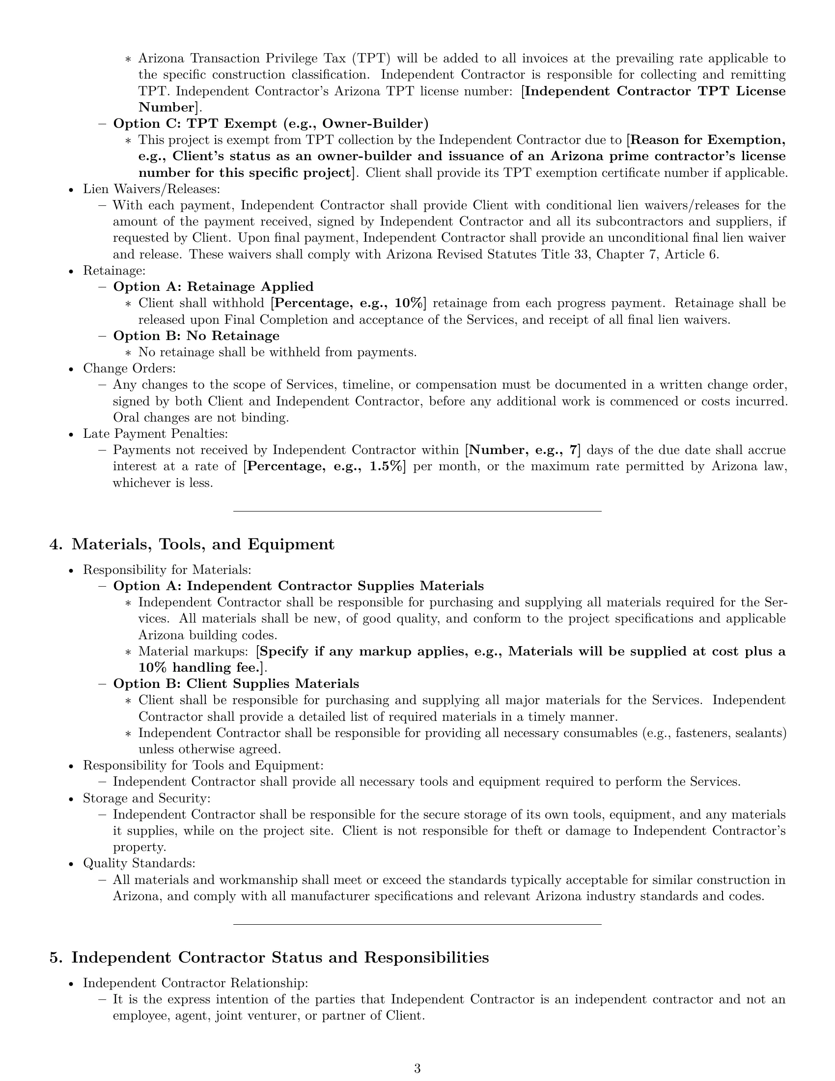 Preview page 3 of Pro Arizona construction independent contractor agreement template