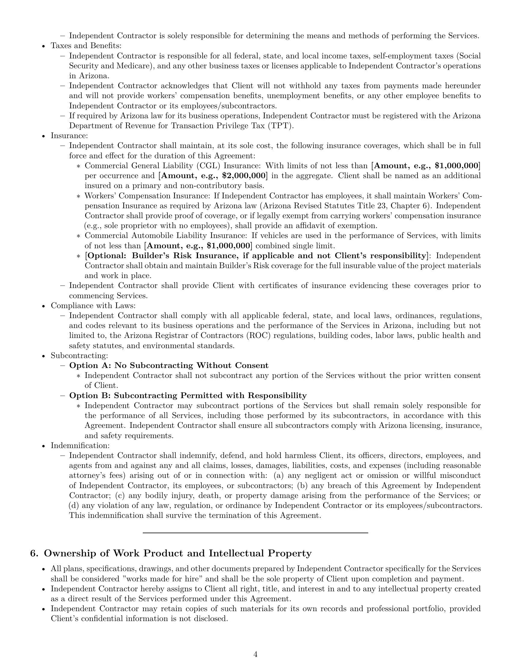 Preview page 4 of Pro Arizona construction independent contractor agreement template