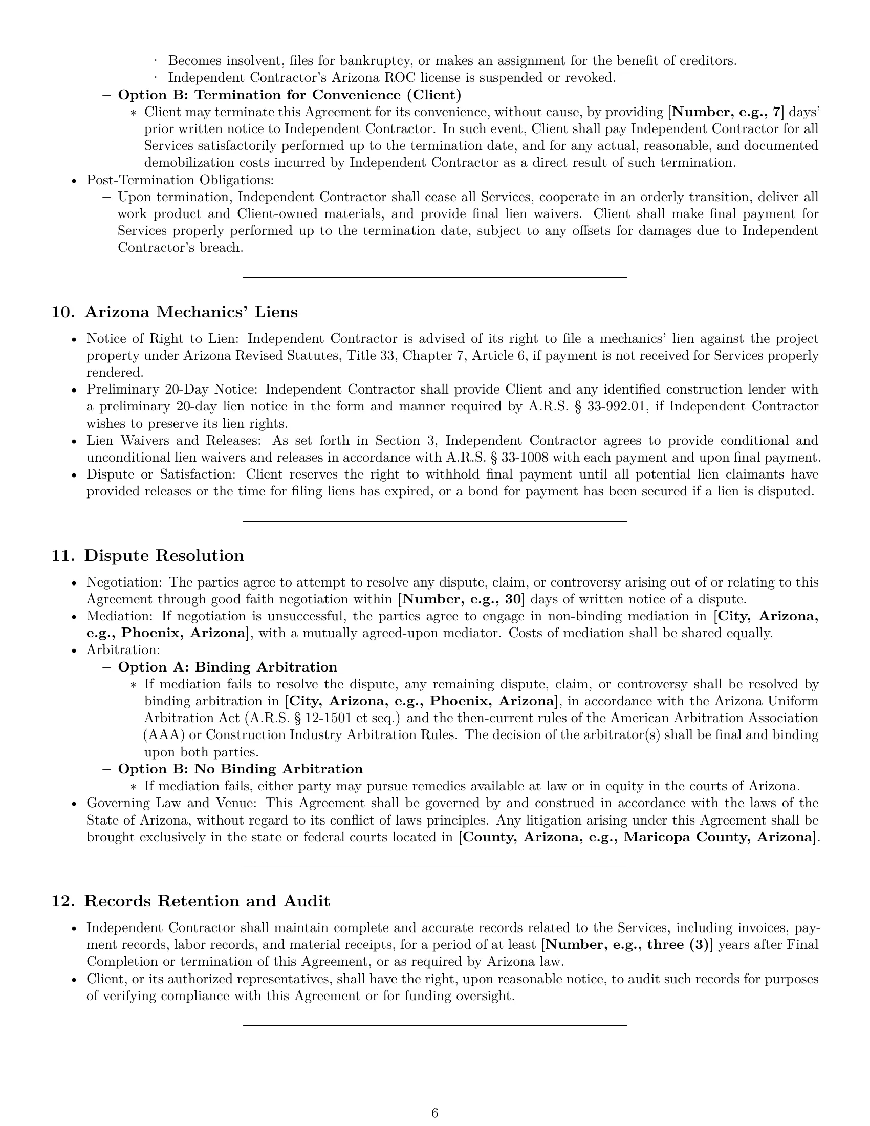 Preview page 6 of Pro Arizona construction independent contractor agreement template