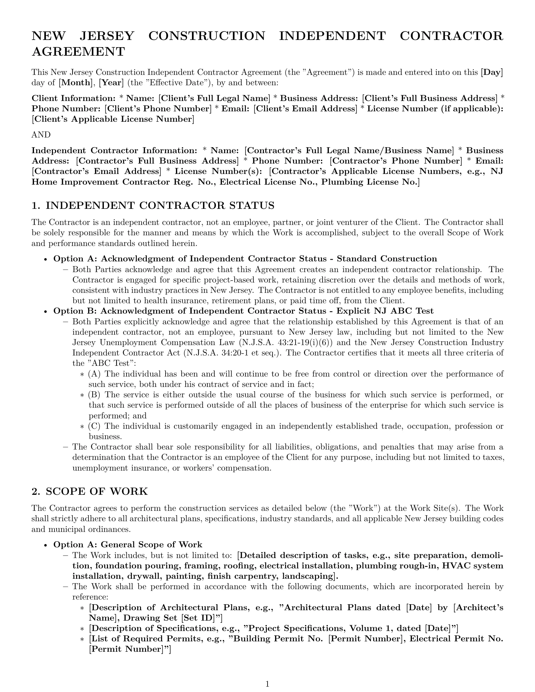 Preview page 1 of Pro New Jersey construction independent contractor agreement template
