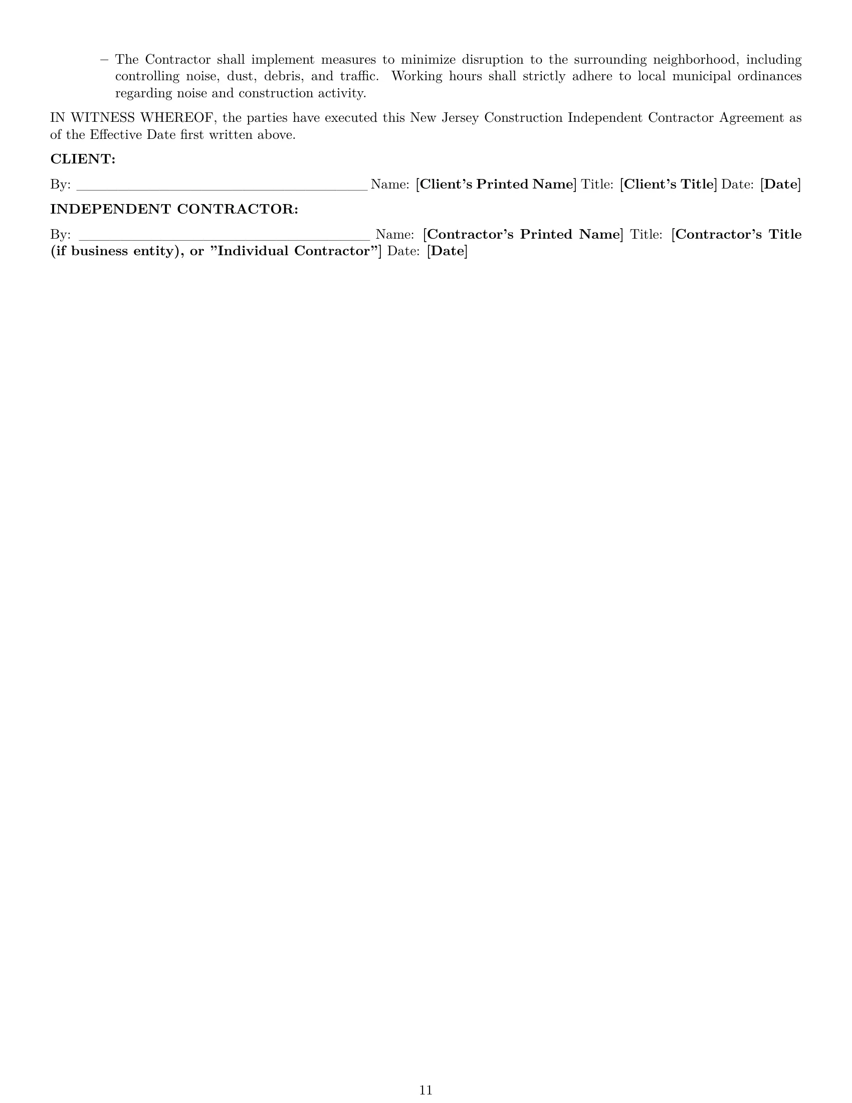 Preview page 11 of Pro New Jersey construction independent contractor agreement template