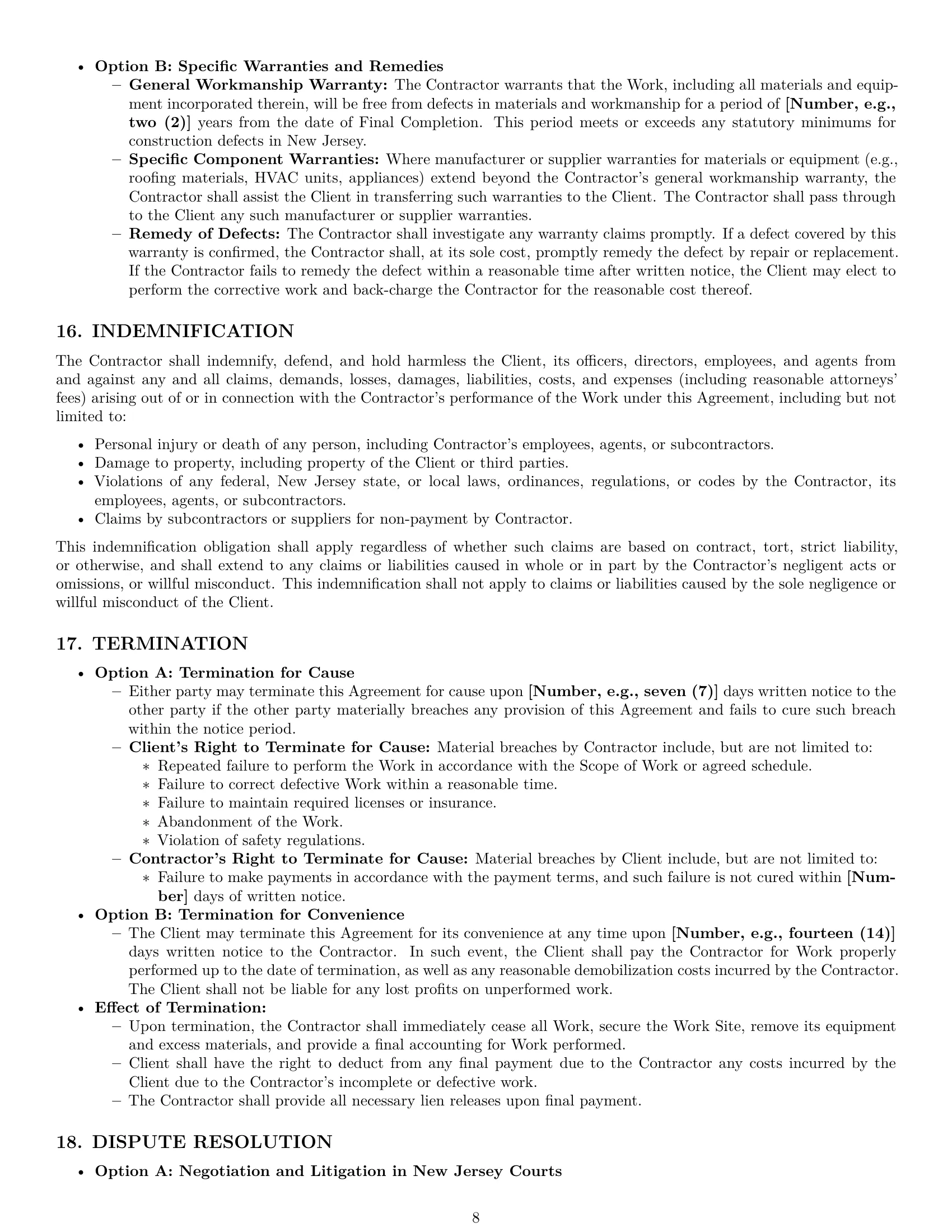 Preview page 8 of Pro New Jersey construction independent contractor agreement template