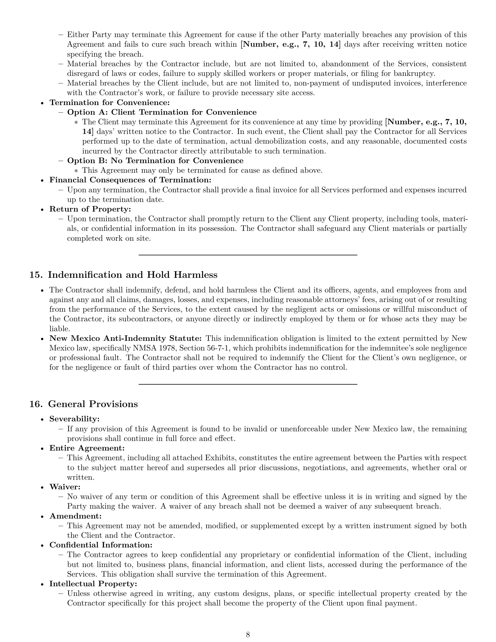 Preview page 8 of Pro New Mexico construction independent contractor agreement template