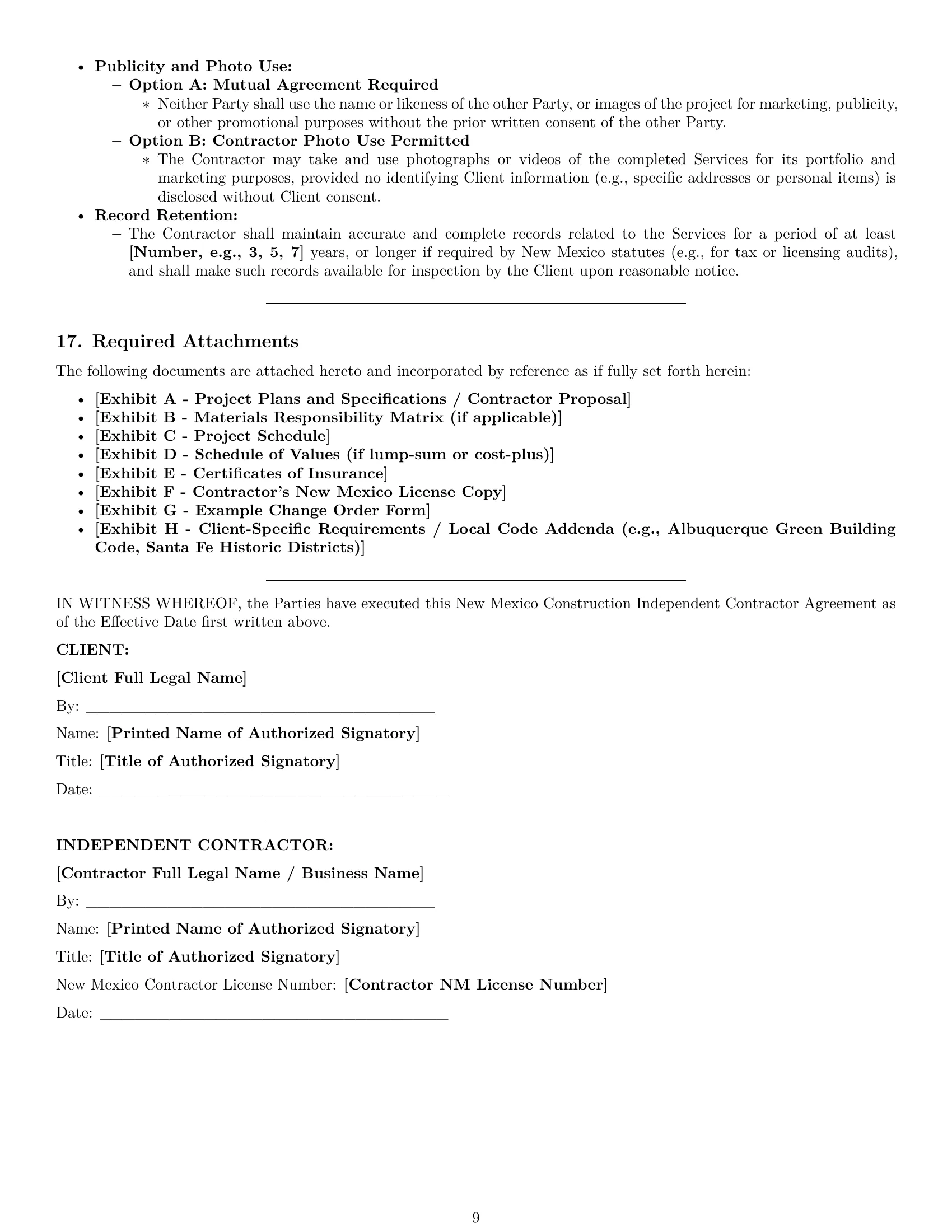Preview page 9 of Pro New Mexico construction independent contractor agreement template