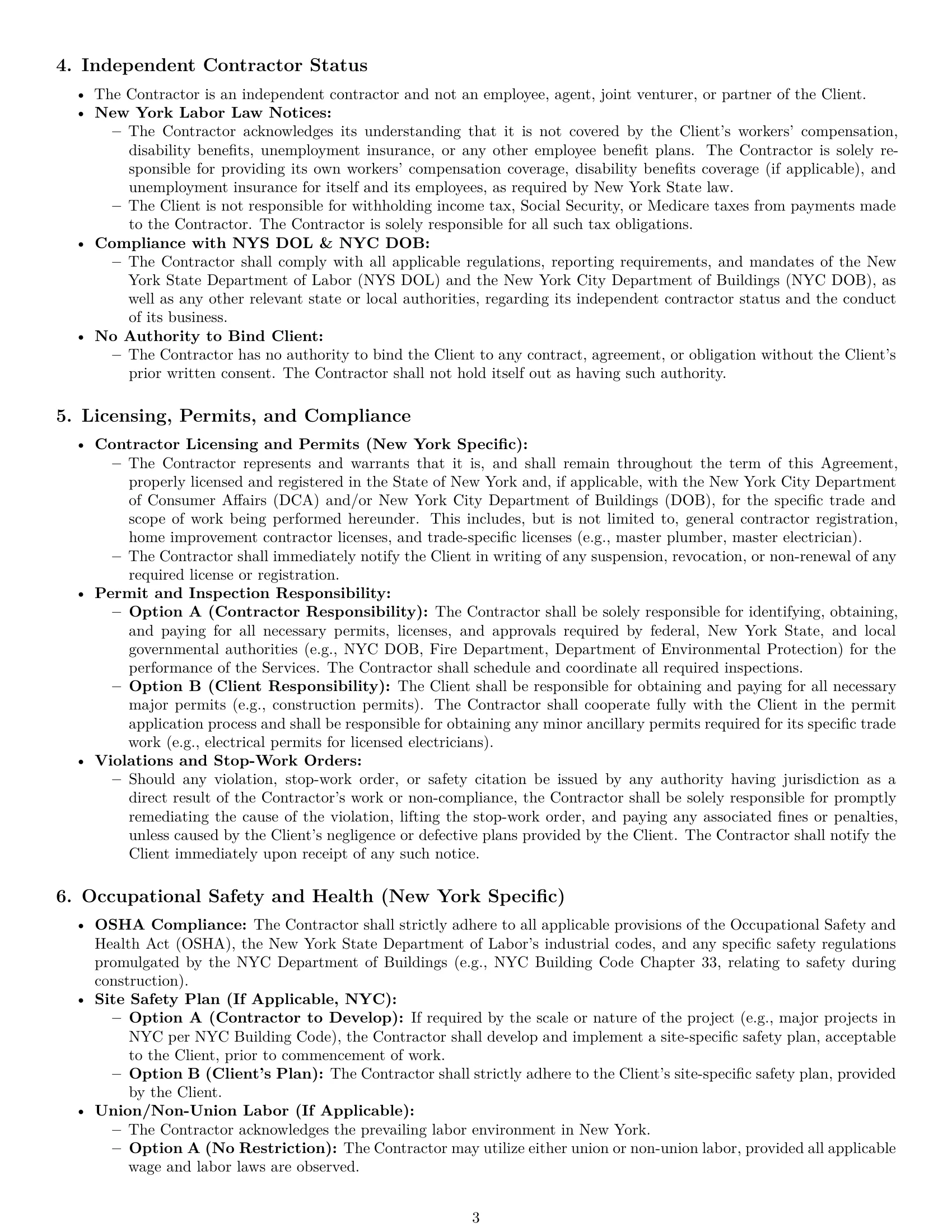 Preview page 3 of Pro New York construction independent contractor agreement template