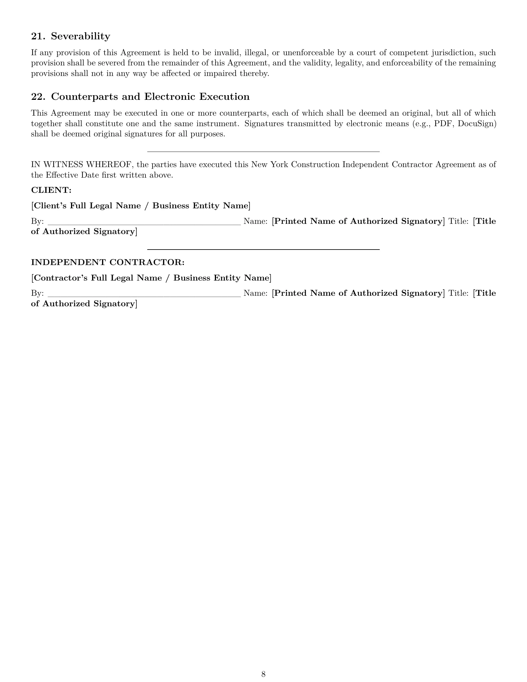 Preview page 8 of Pro New York construction independent contractor agreement template