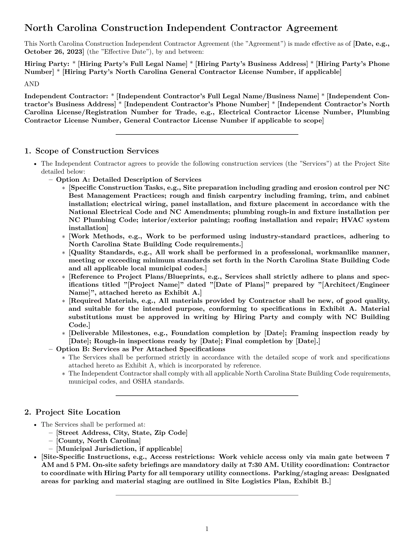 Preview page 1 of Pro North Carolina construction independent contractor agreement template