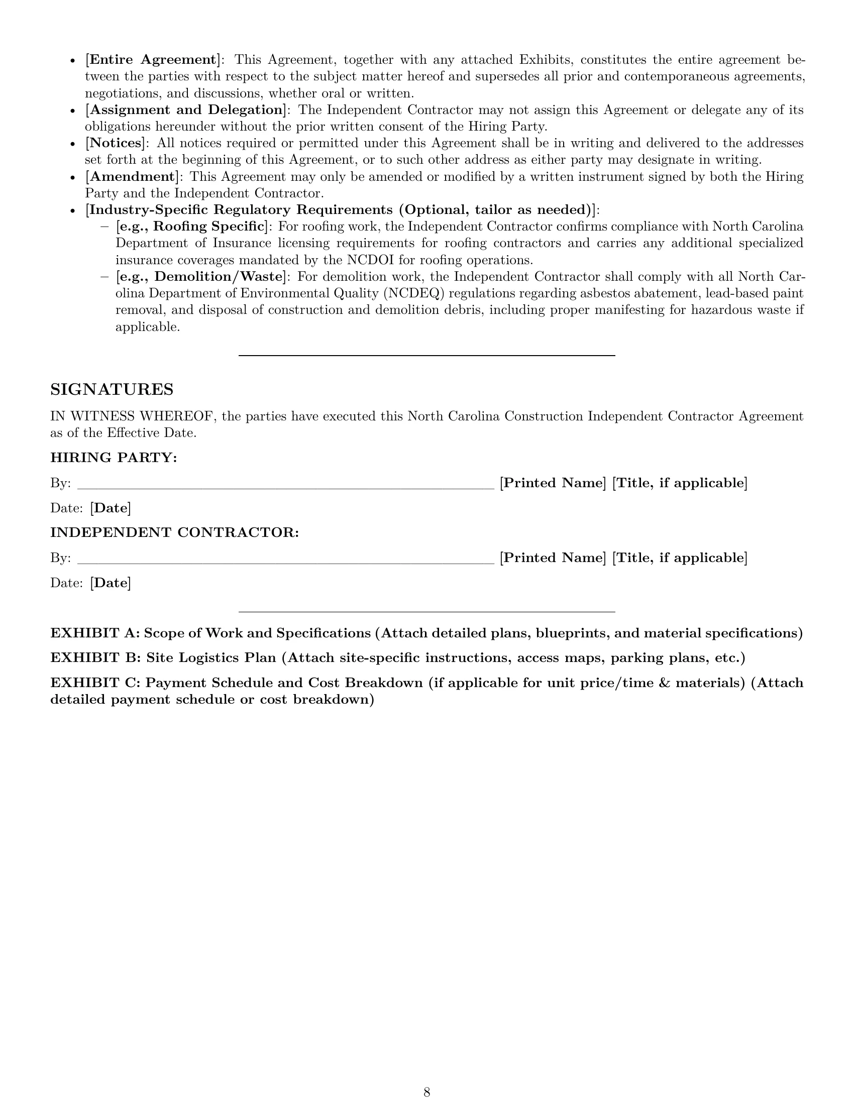 Preview page 8 of Pro North Carolina construction independent contractor agreement template