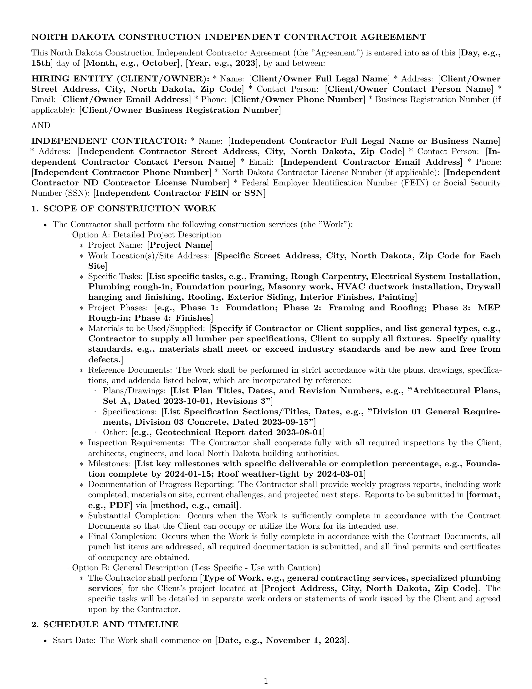Preview page 1 of Pro North Dakota construction independent contractor agreement template