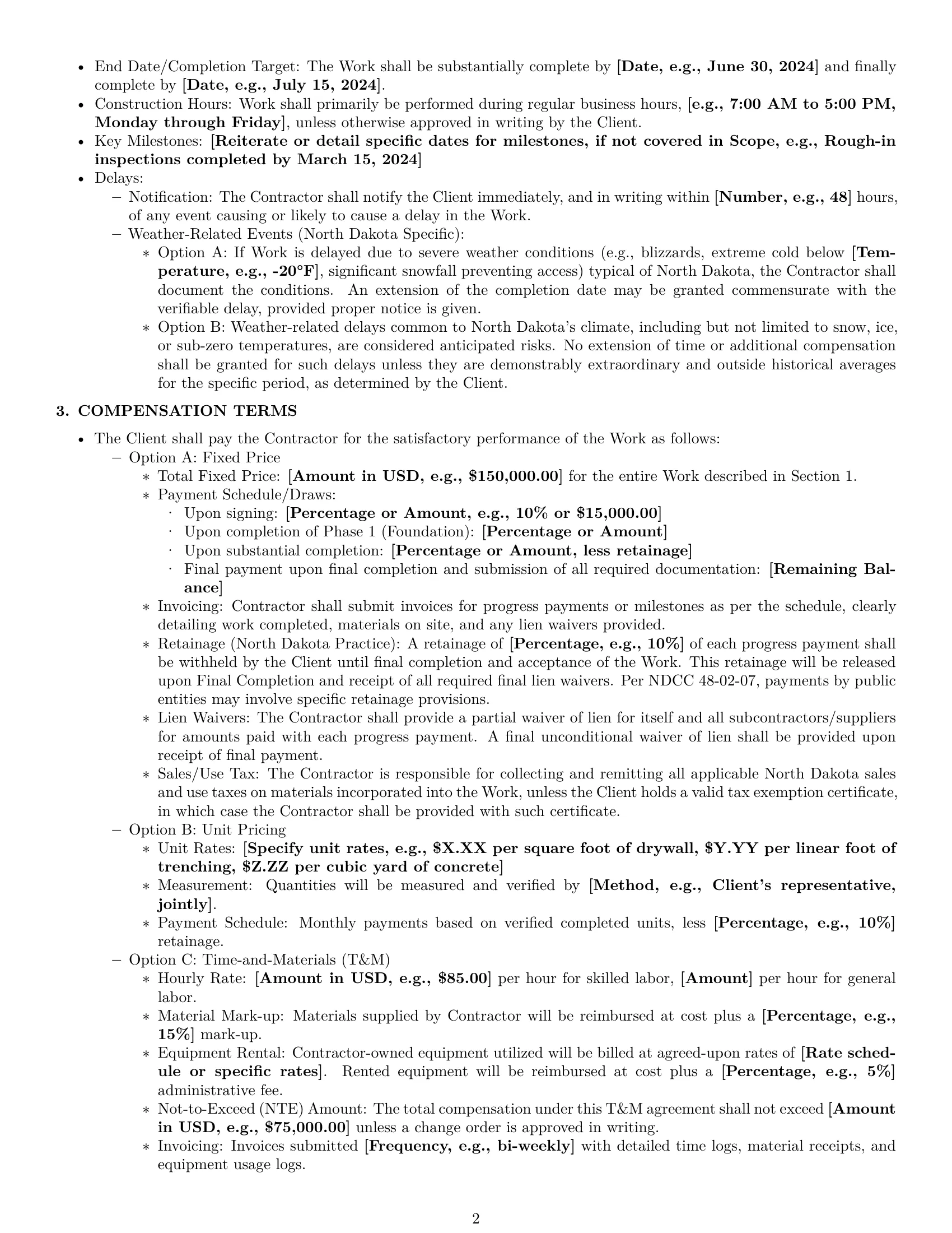Preview page 2 of Pro North Dakota construction independent contractor agreement template
