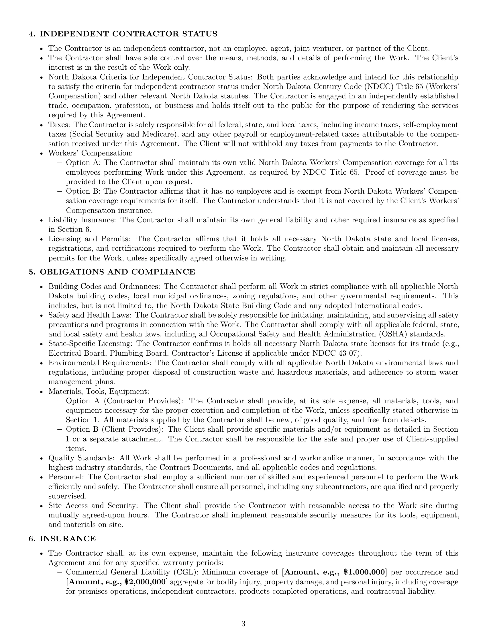 Preview page 3 of Pro North Dakota construction independent contractor agreement template