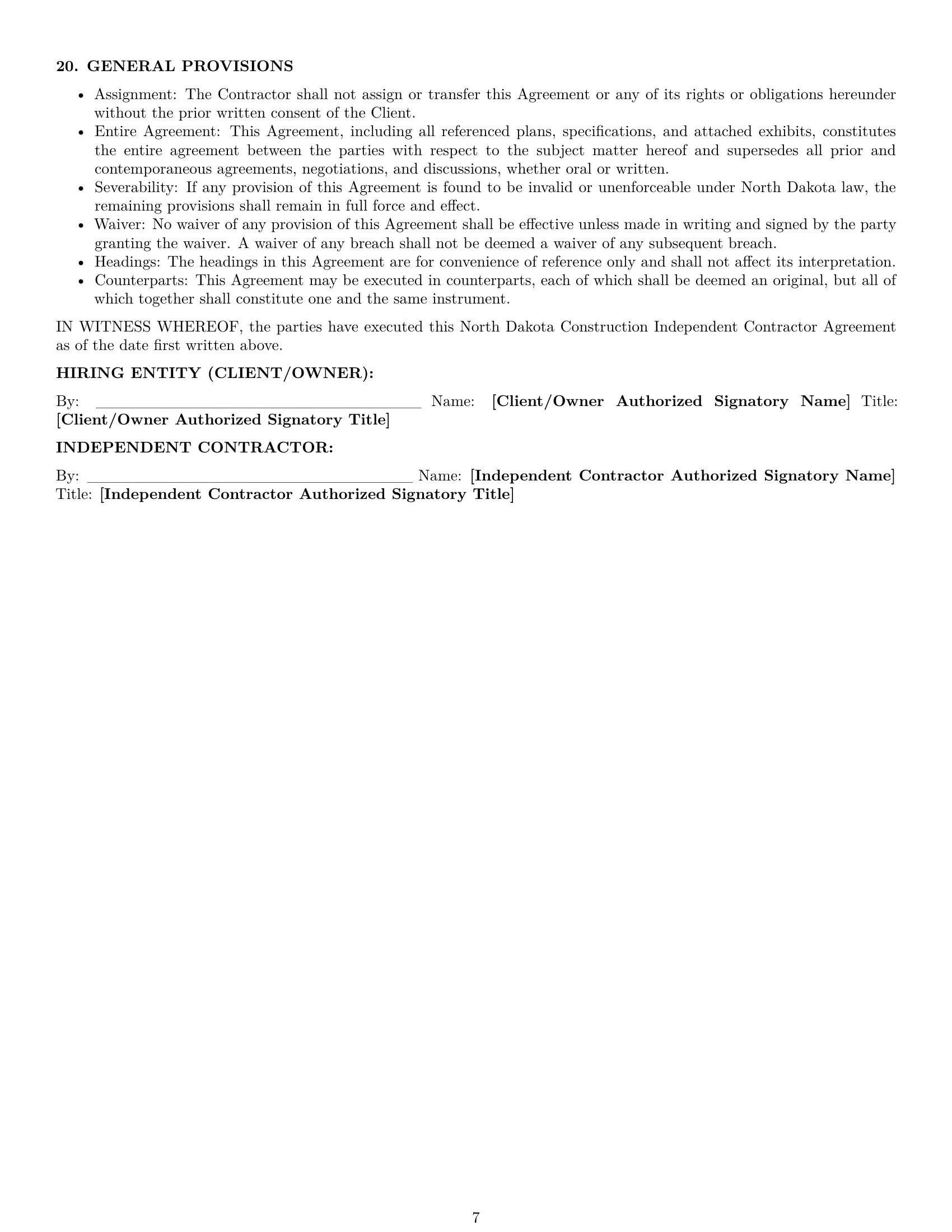 Preview page 7 of Pro North Dakota construction independent contractor agreement template