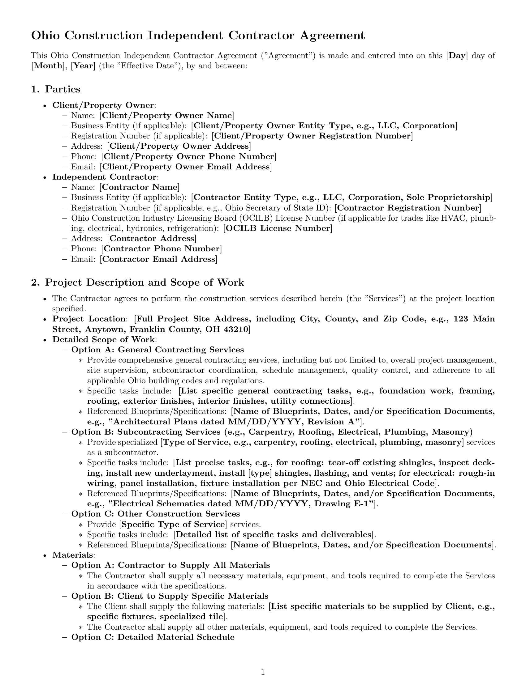 Preview page 1 of Pro Ohio construction independent contractor agreement template