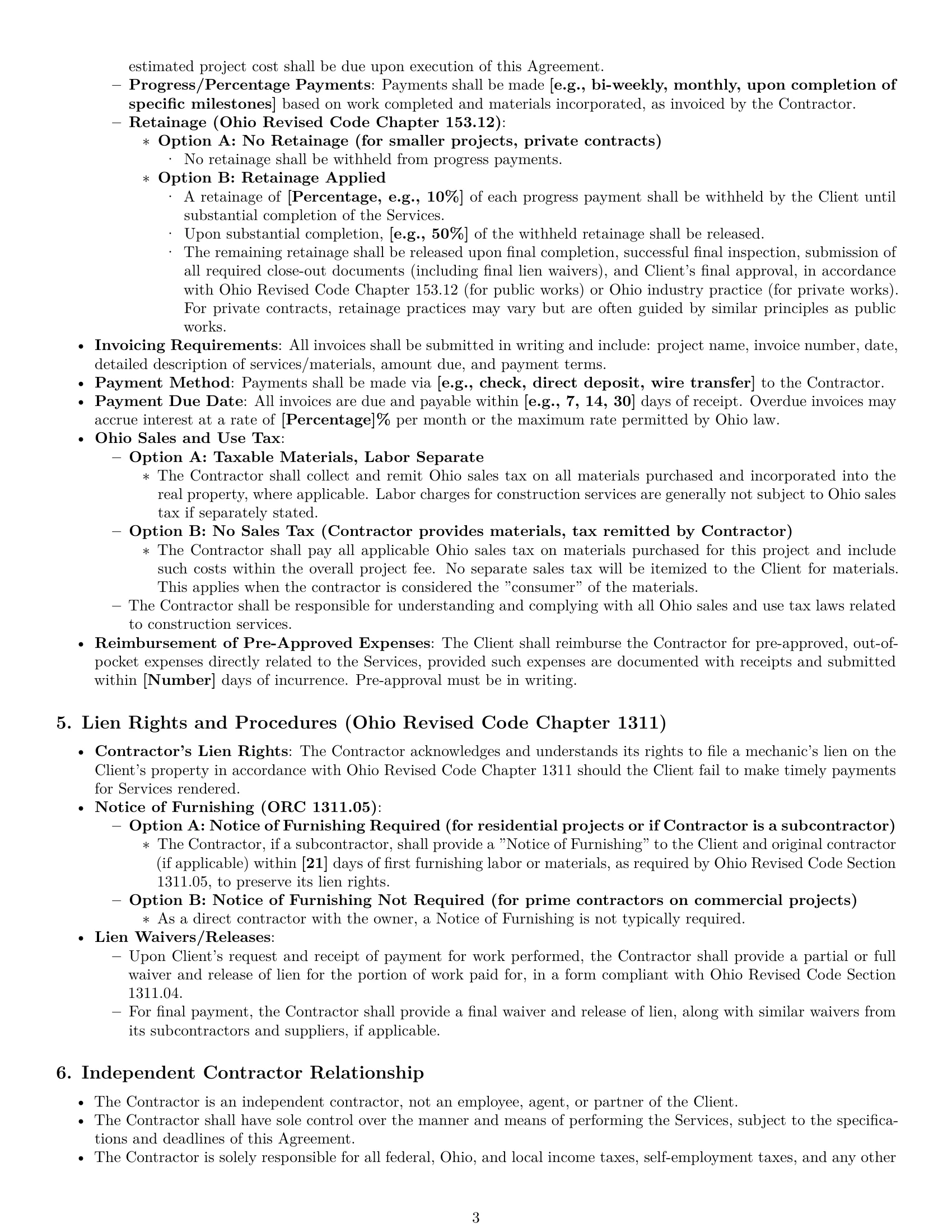 Preview page 3 of Pro Ohio construction independent contractor agreement template