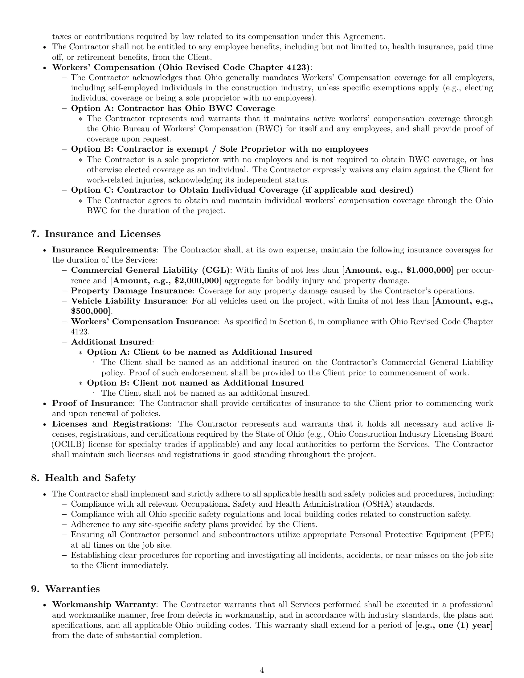 Preview page 4 of Pro Ohio construction independent contractor agreement template