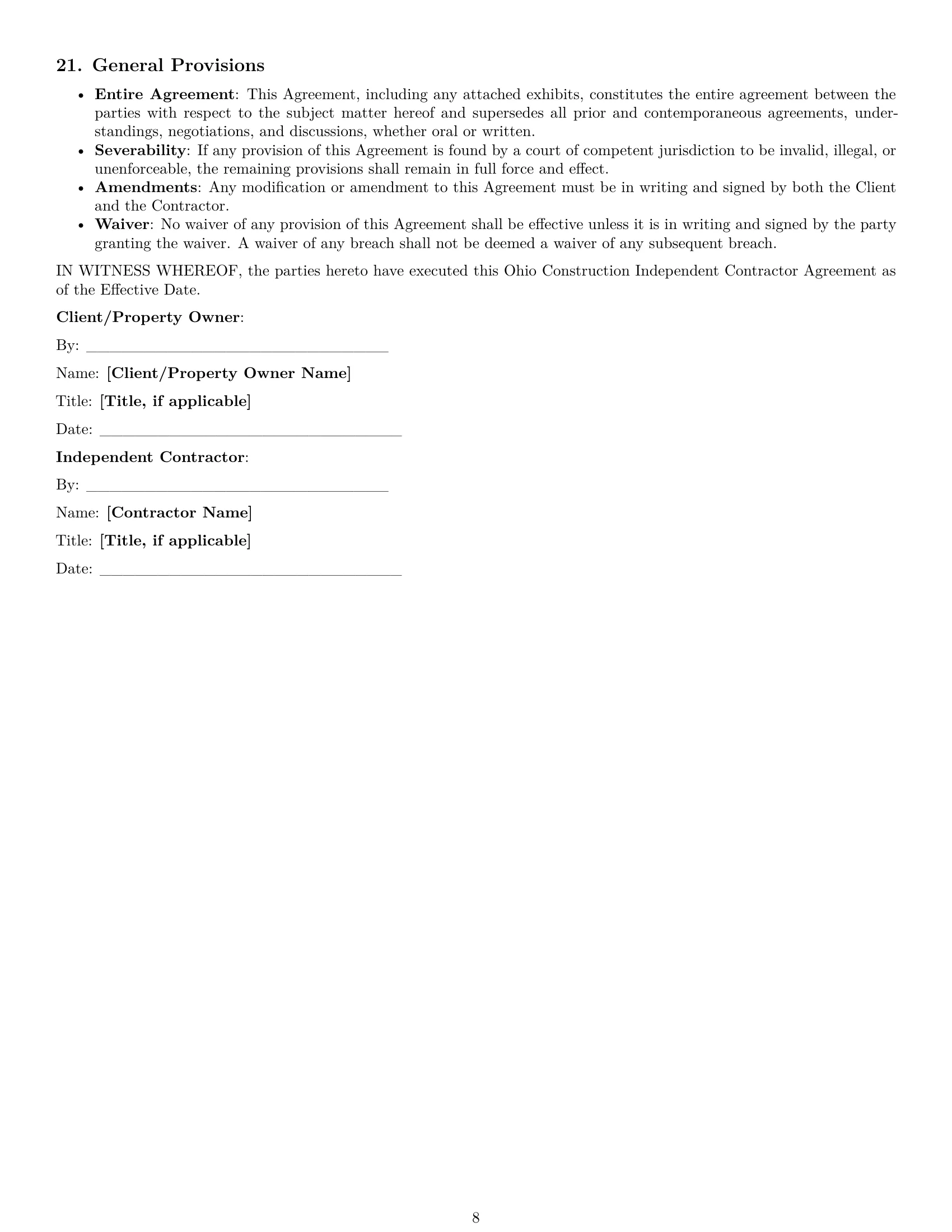 Preview page 8 of Pro Ohio construction independent contractor agreement template