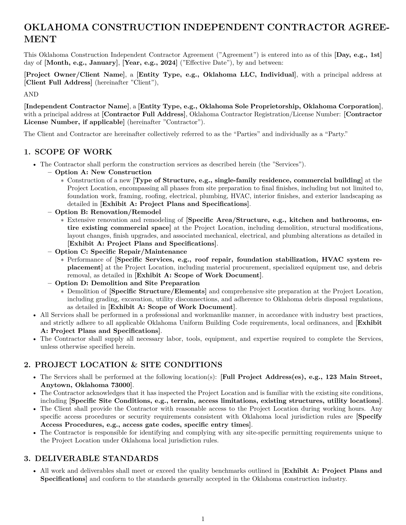 Preview page 1 of Pro Oklahoma construction independent contractor agreement template