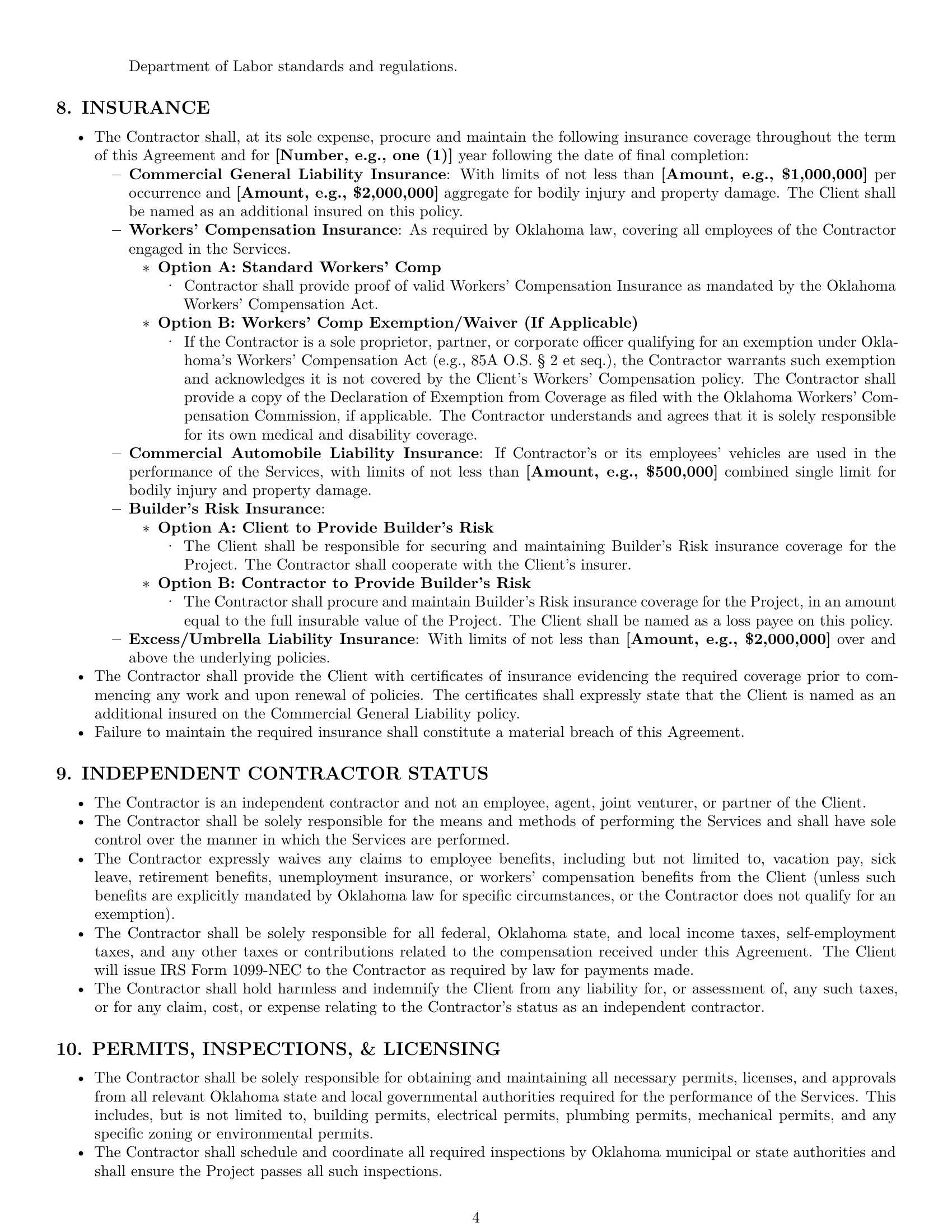 Preview page 4 of Pro Oklahoma construction independent contractor agreement template