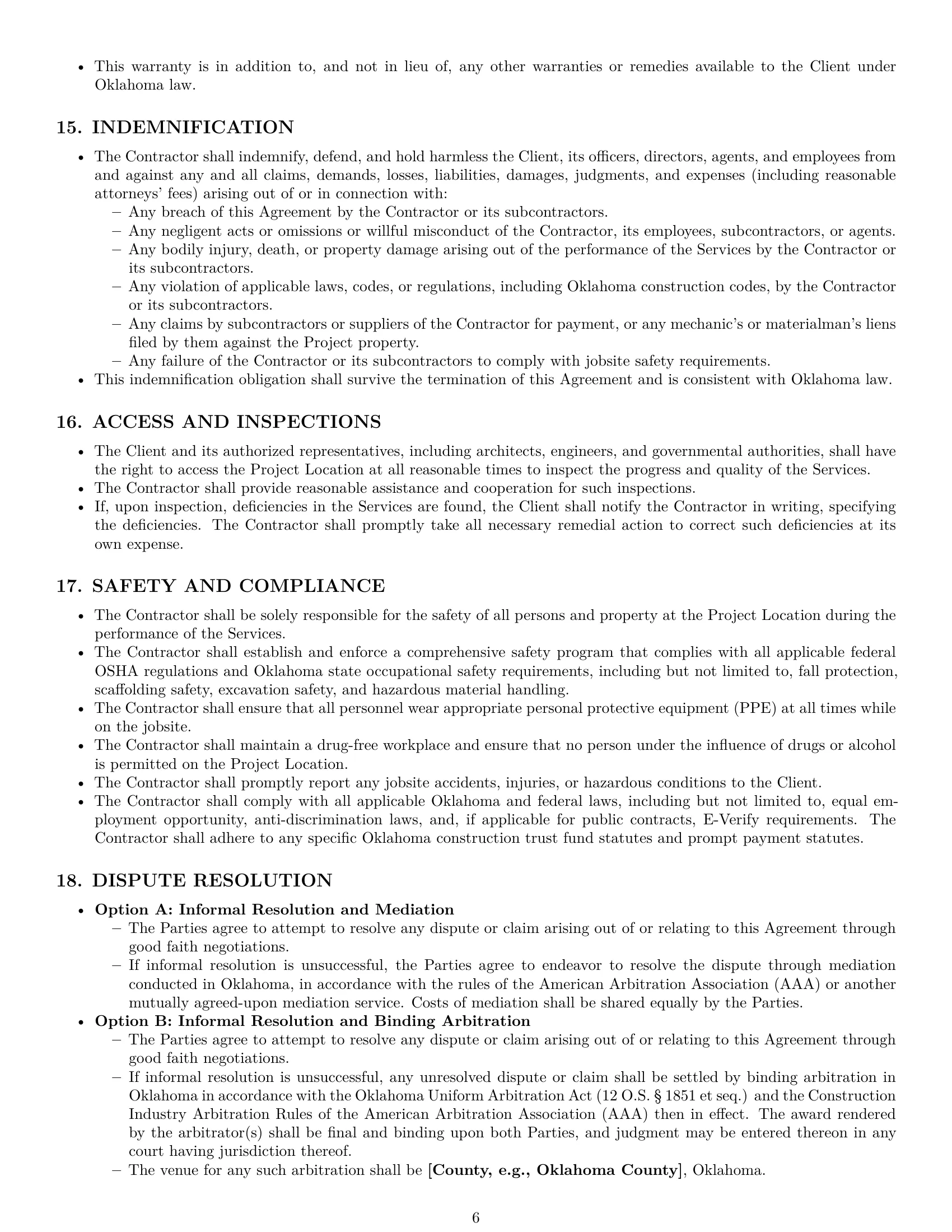 Preview page 6 of Pro Oklahoma construction independent contractor agreement template