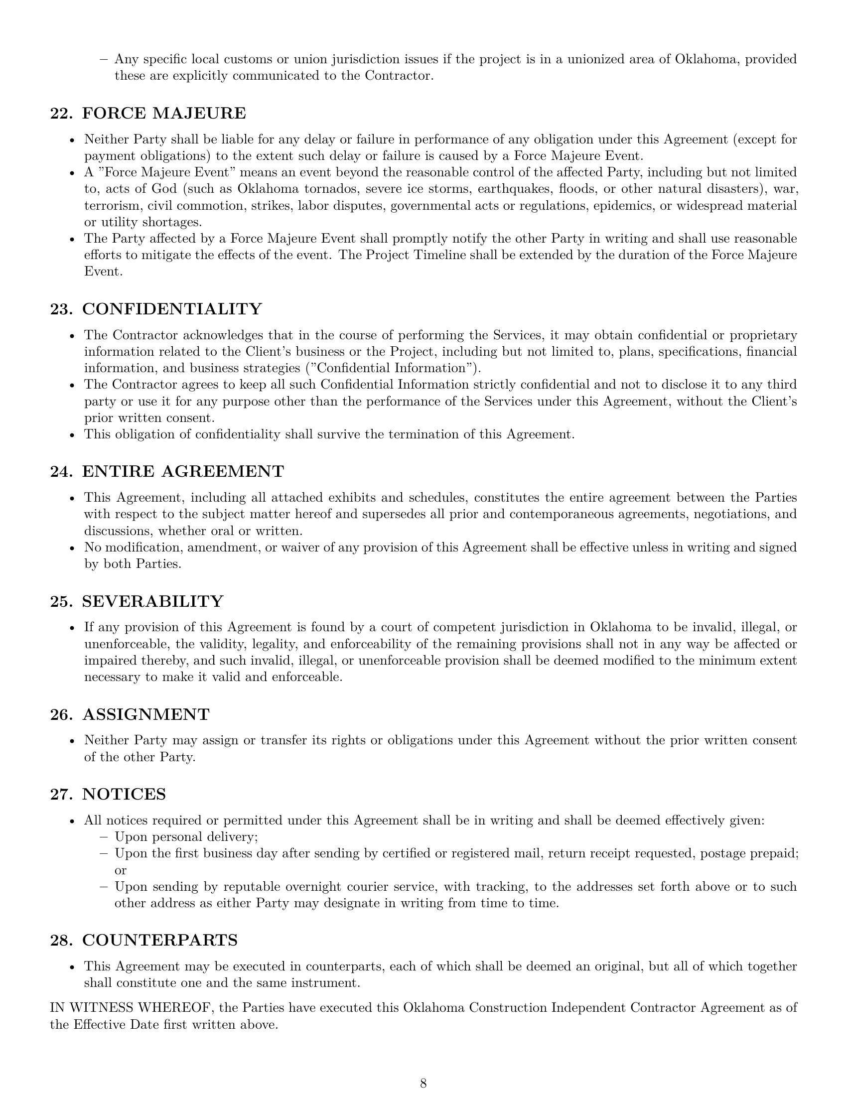 Preview page 8 of Pro Oklahoma construction independent contractor agreement template