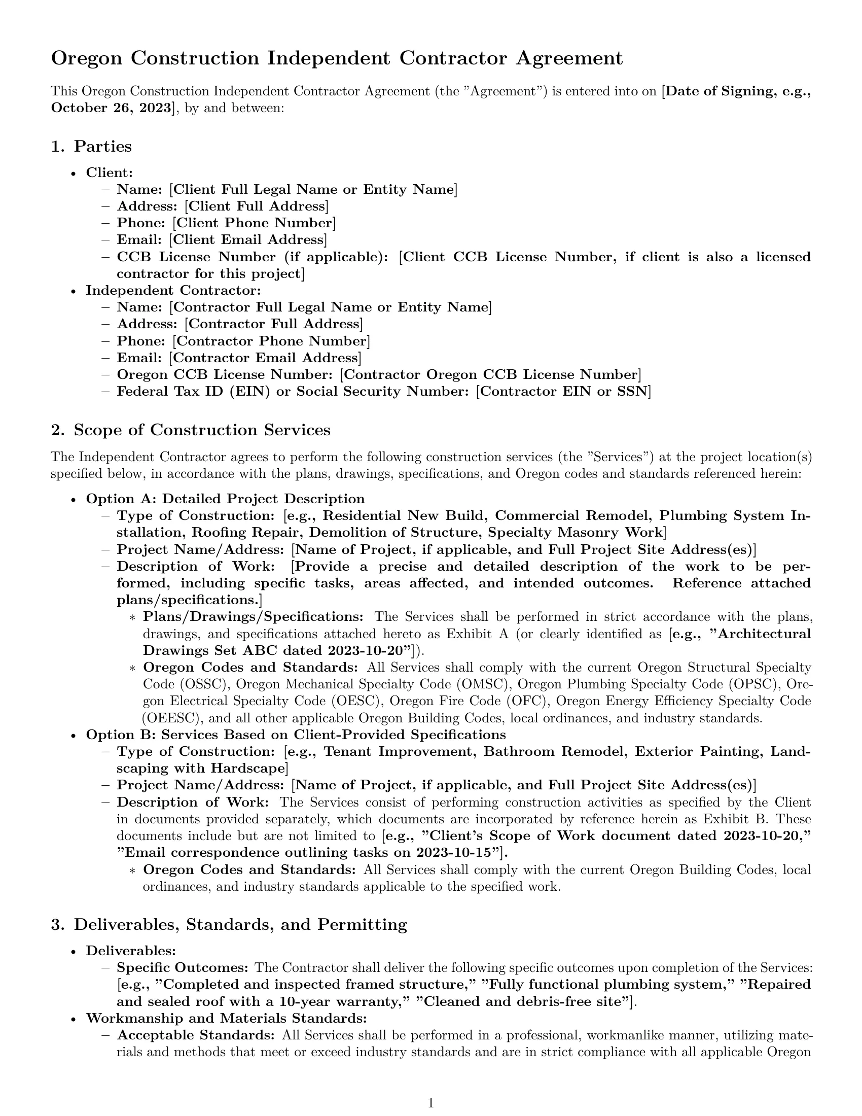 Preview page 1 of Pro Oregon construction independent contractor agreement template