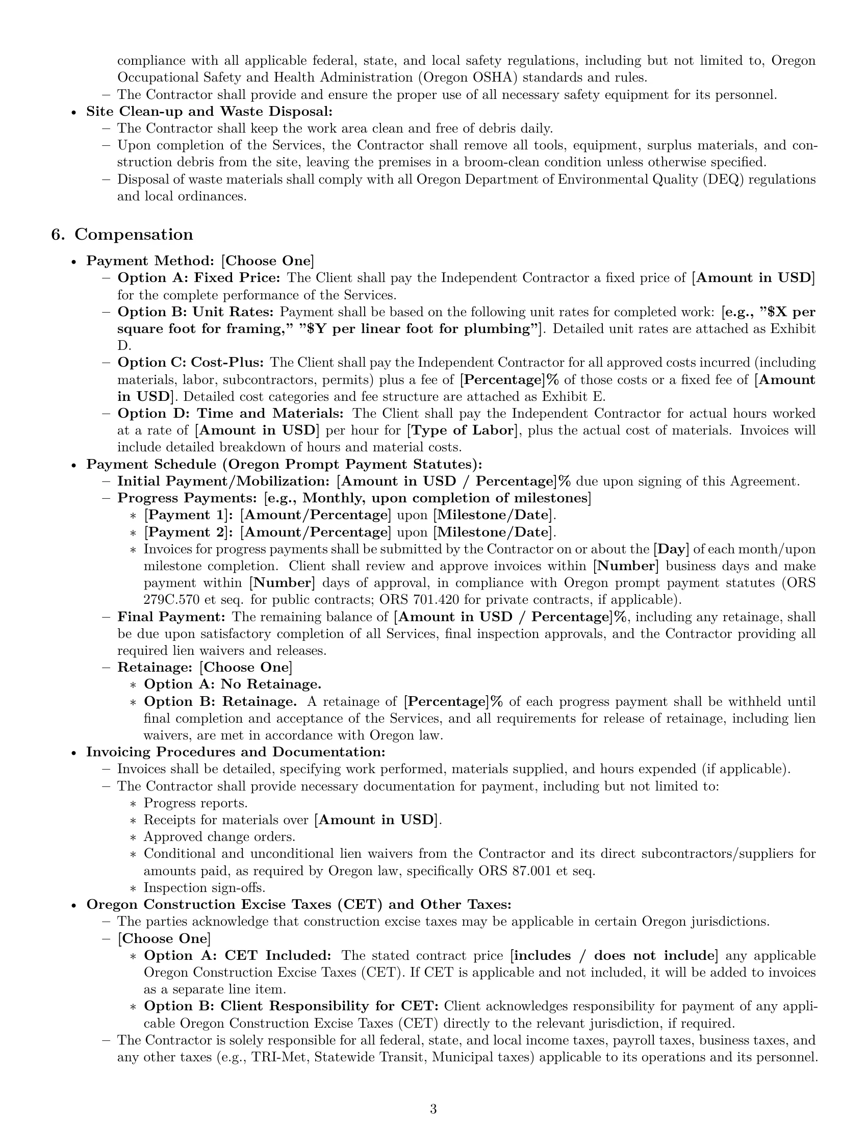 Preview page 3 of Pro Oregon construction independent contractor agreement template