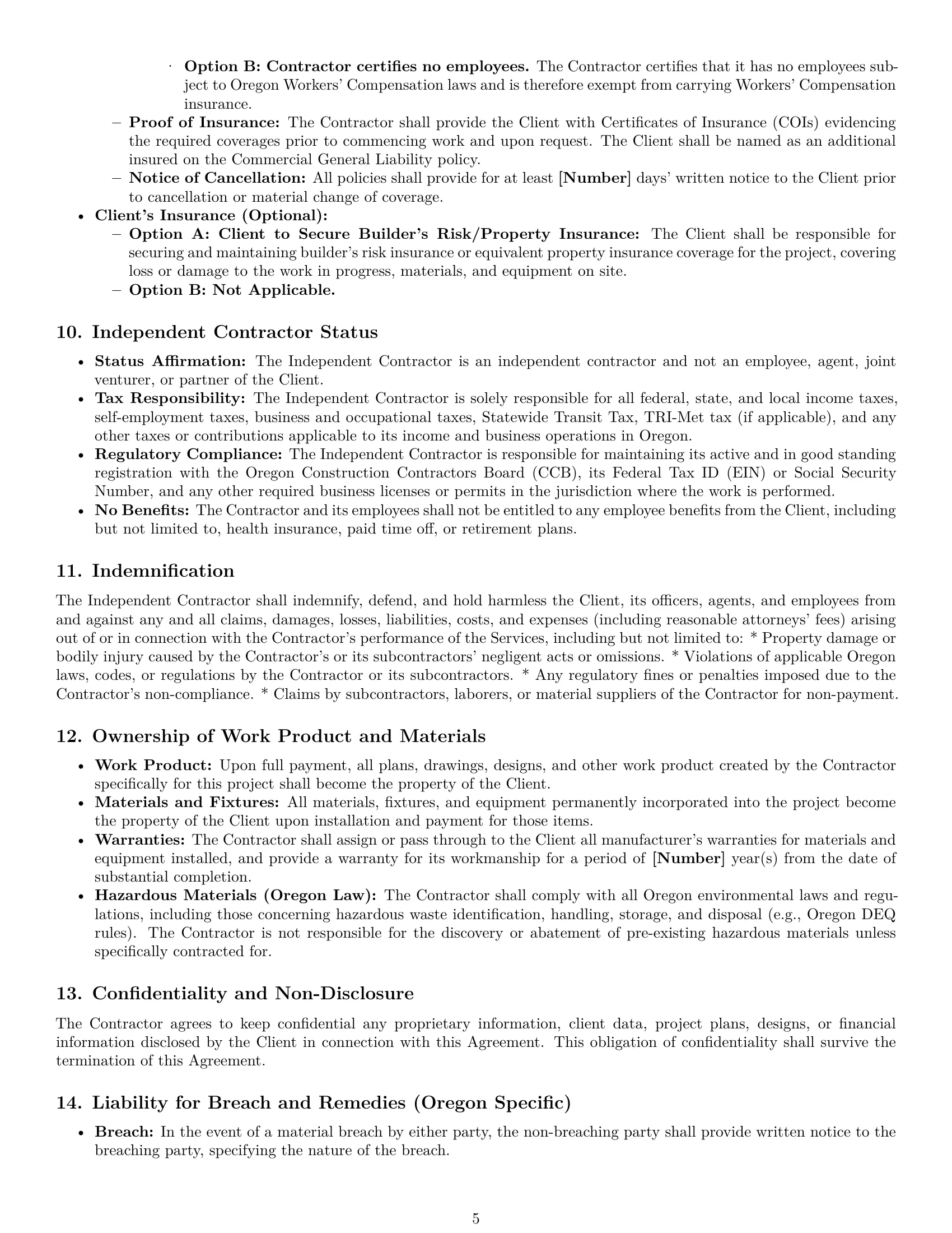 Preview page 5 of Pro Oregon construction independent contractor agreement template
