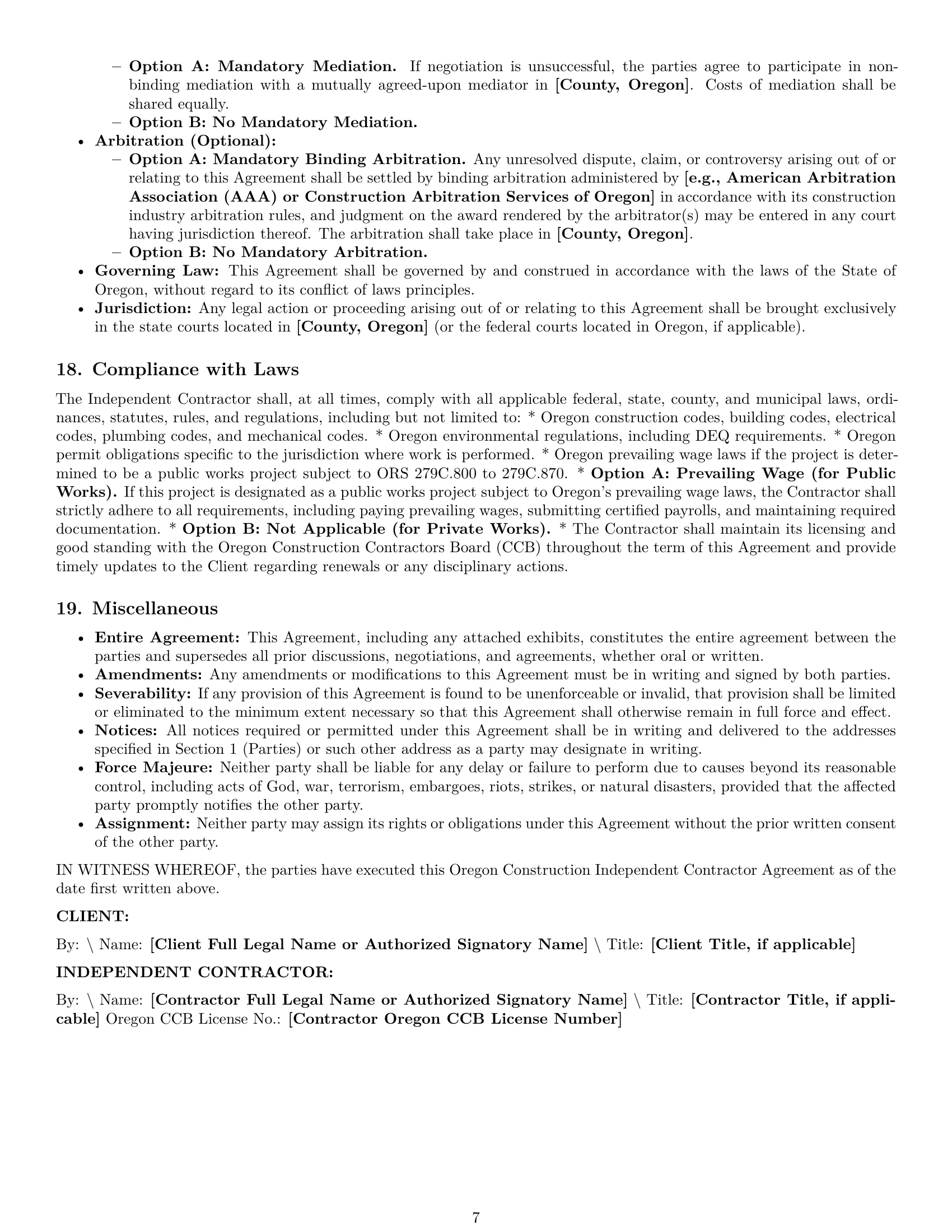 Preview page 7 of Pro Oregon construction independent contractor agreement template
