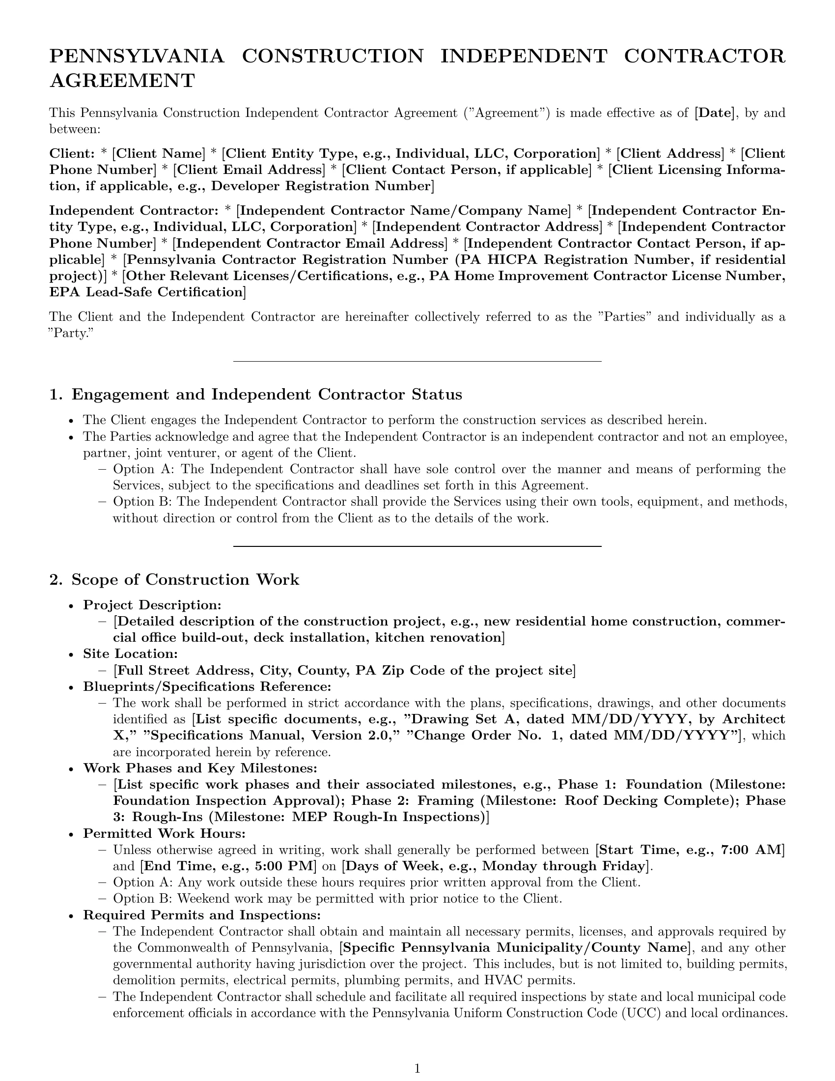 Preview page 1 of Pro Pennsylvania construction independent contractor agreement template