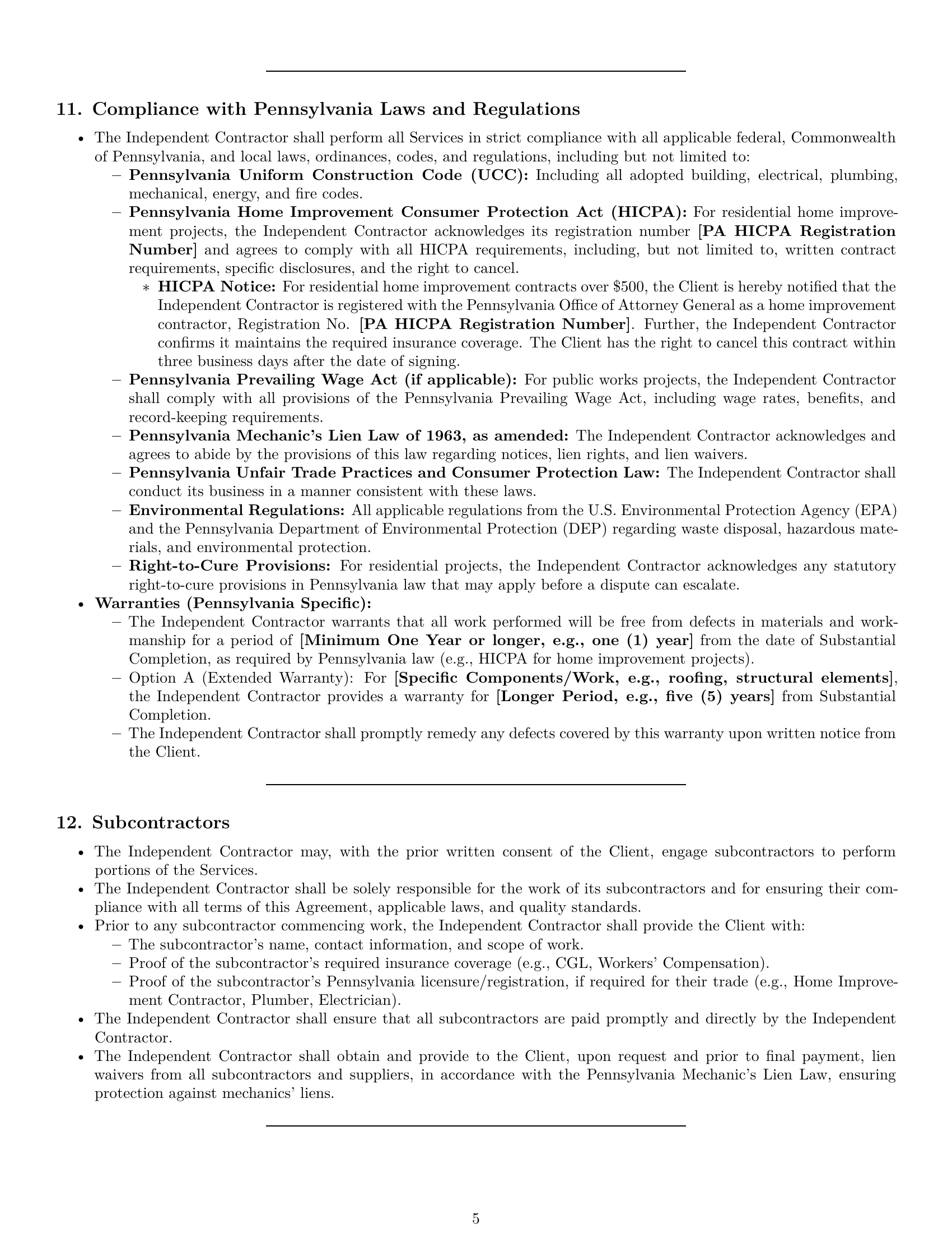 Preview page 5 of Pro Pennsylvania construction independent contractor agreement template