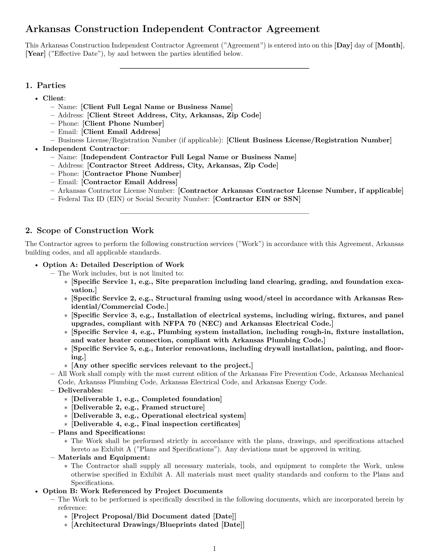 Preview page 1 of Pro Arkansas construction independent contractor agreement template