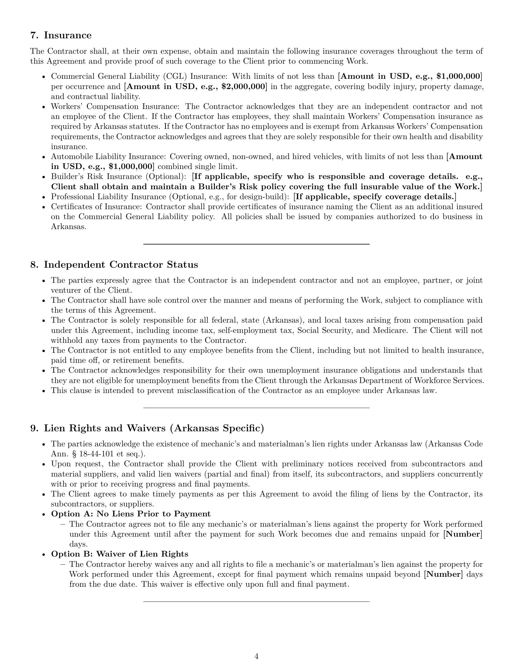 Preview page 4 of Pro Arkansas construction independent contractor agreement template