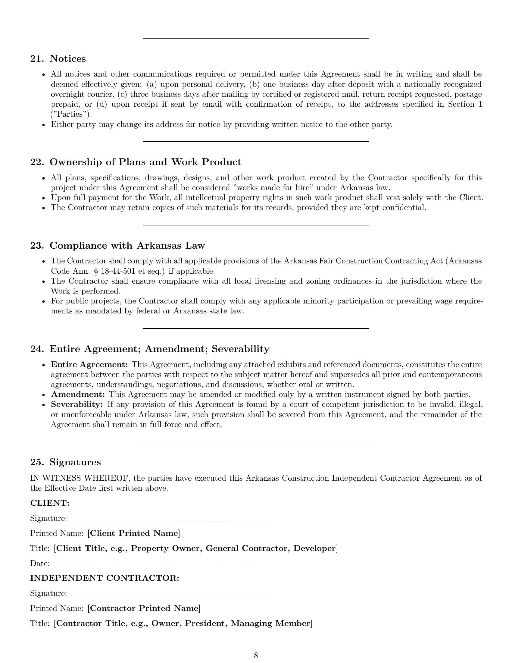 Preview page 8 of Pro Arkansas construction independent contractor agreement template