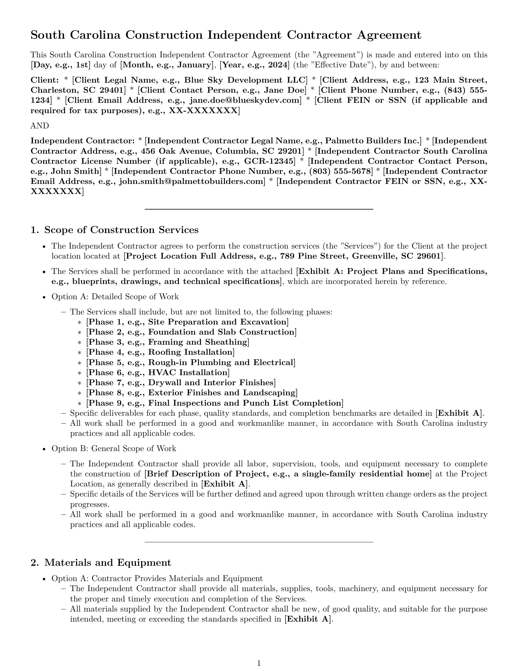 Preview page 1 of Pro South Carolina construction independent contractor agreement template