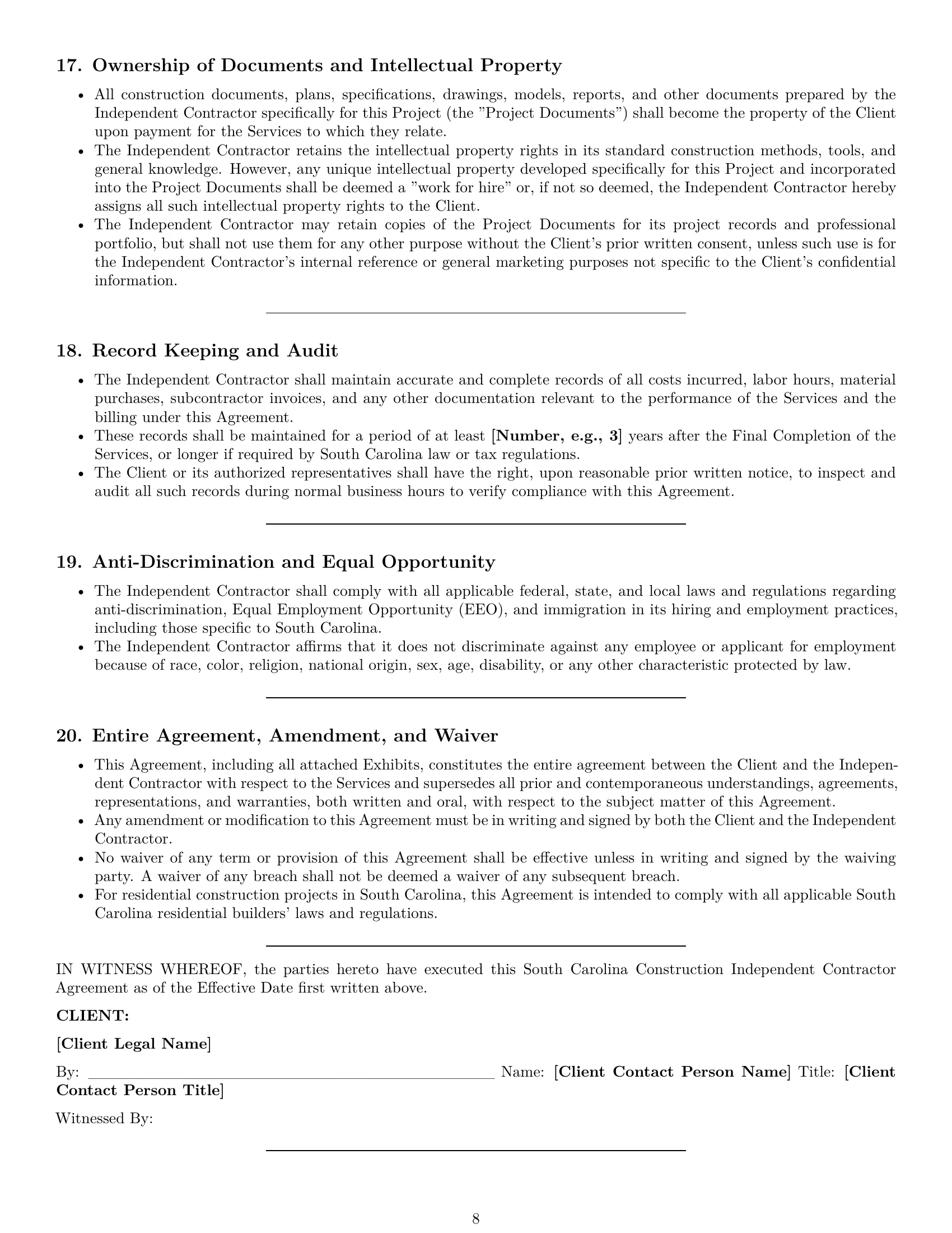 Preview page 8 of Pro South Carolina construction independent contractor agreement template
