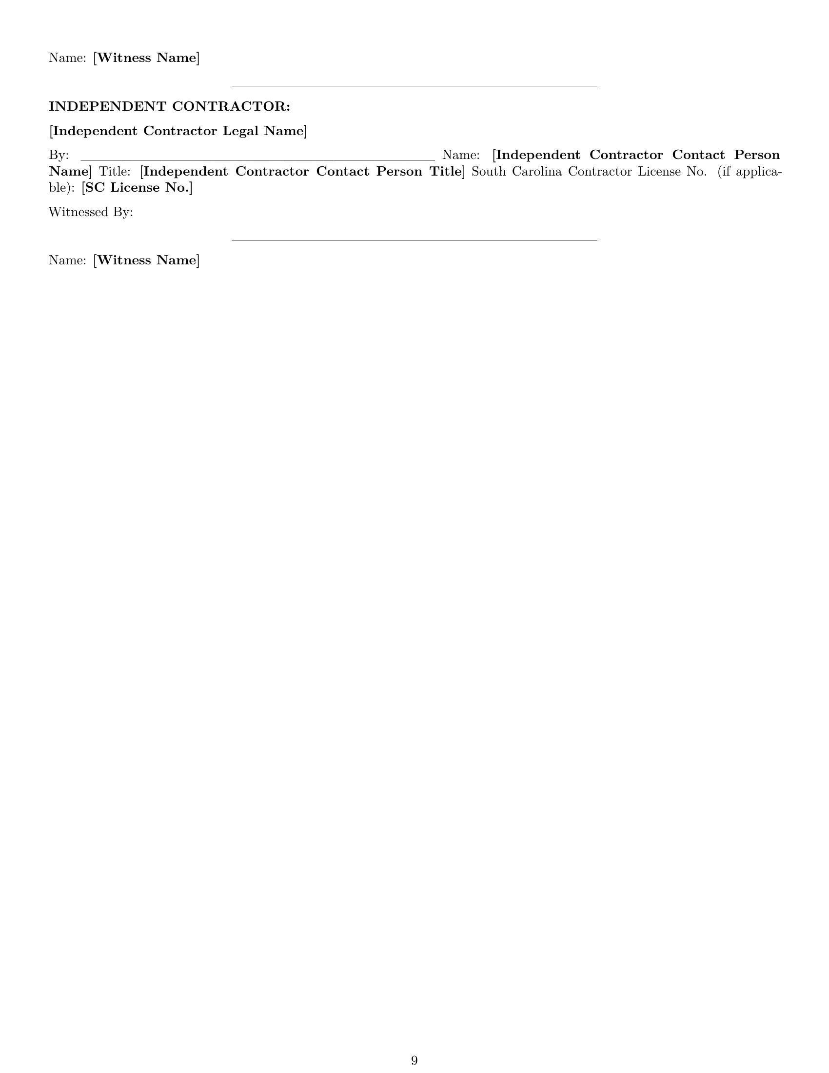 Preview page 9 of Pro South Carolina construction independent contractor agreement template