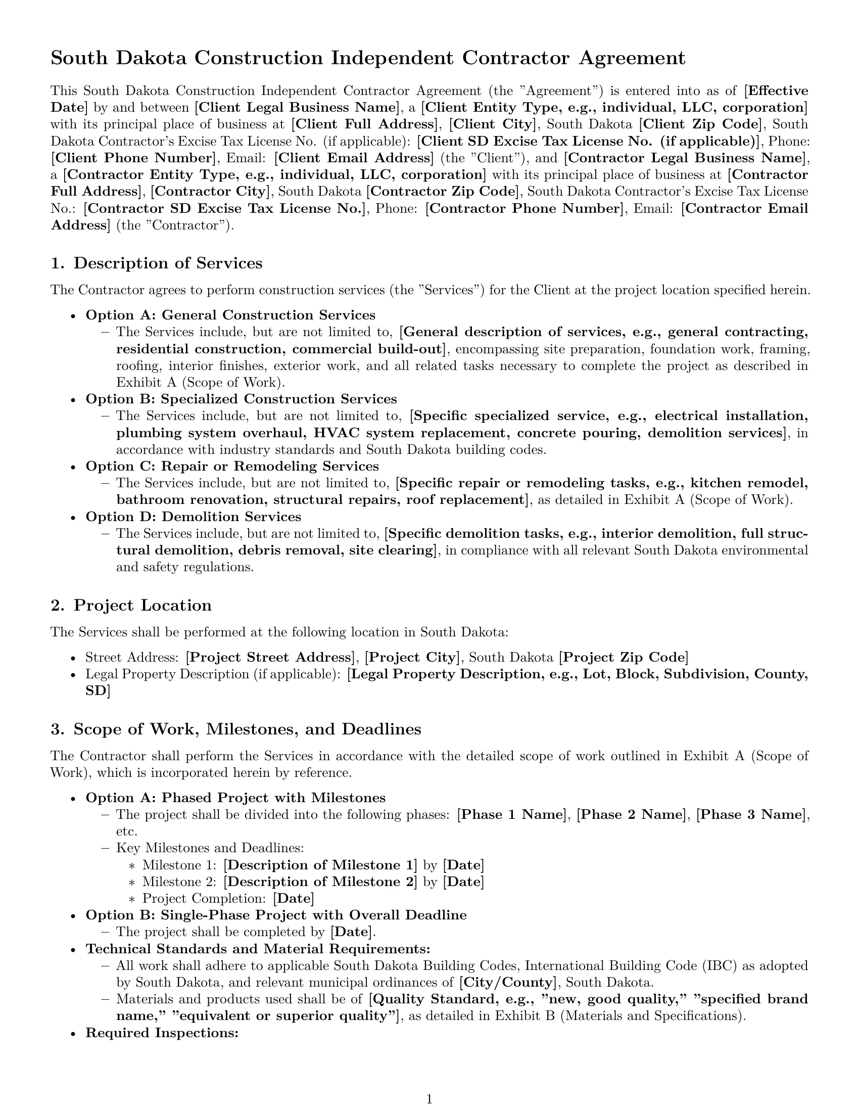 Preview page 1 of Pro South Dakota construction independent contractor agreement template