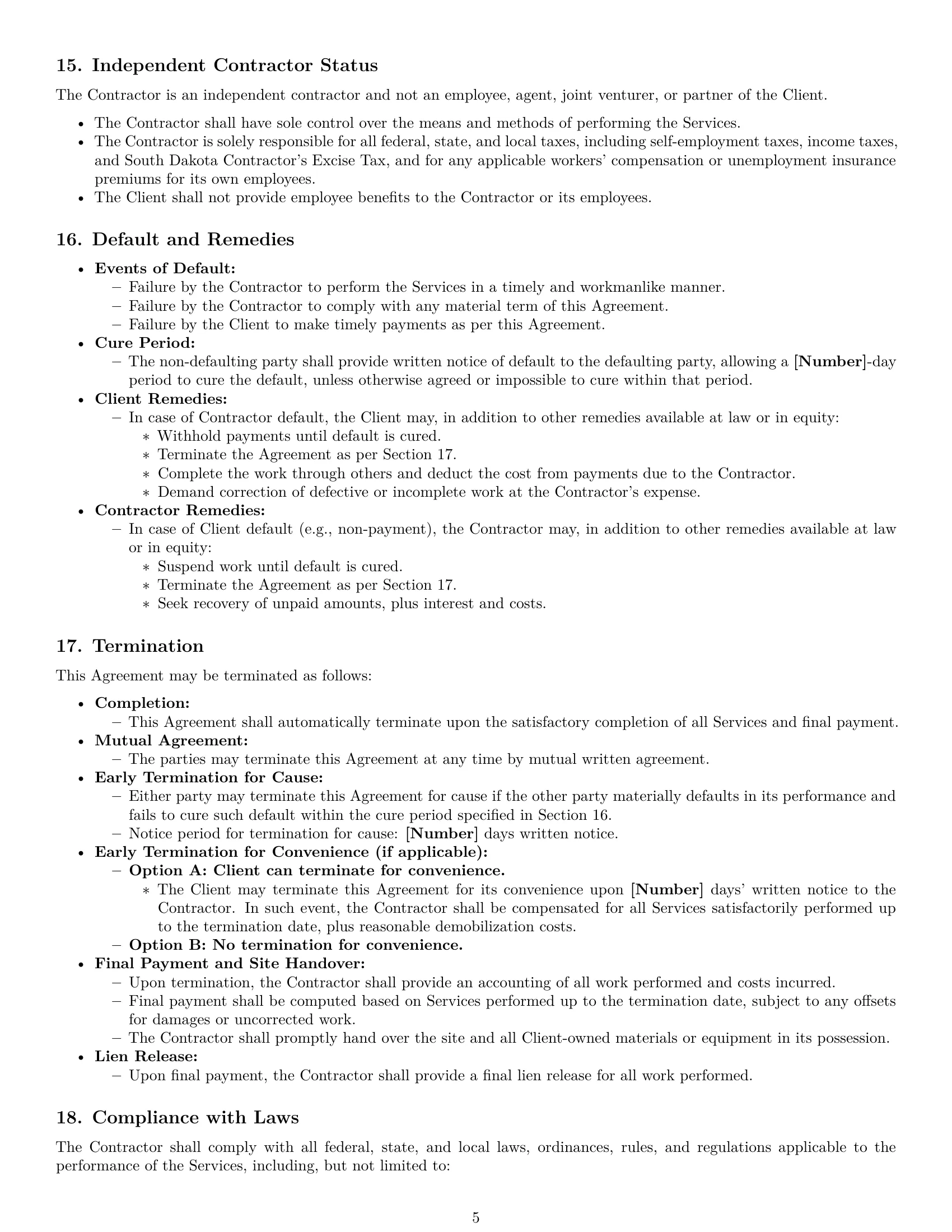 Preview page 5 of Pro South Dakota construction independent contractor agreement template