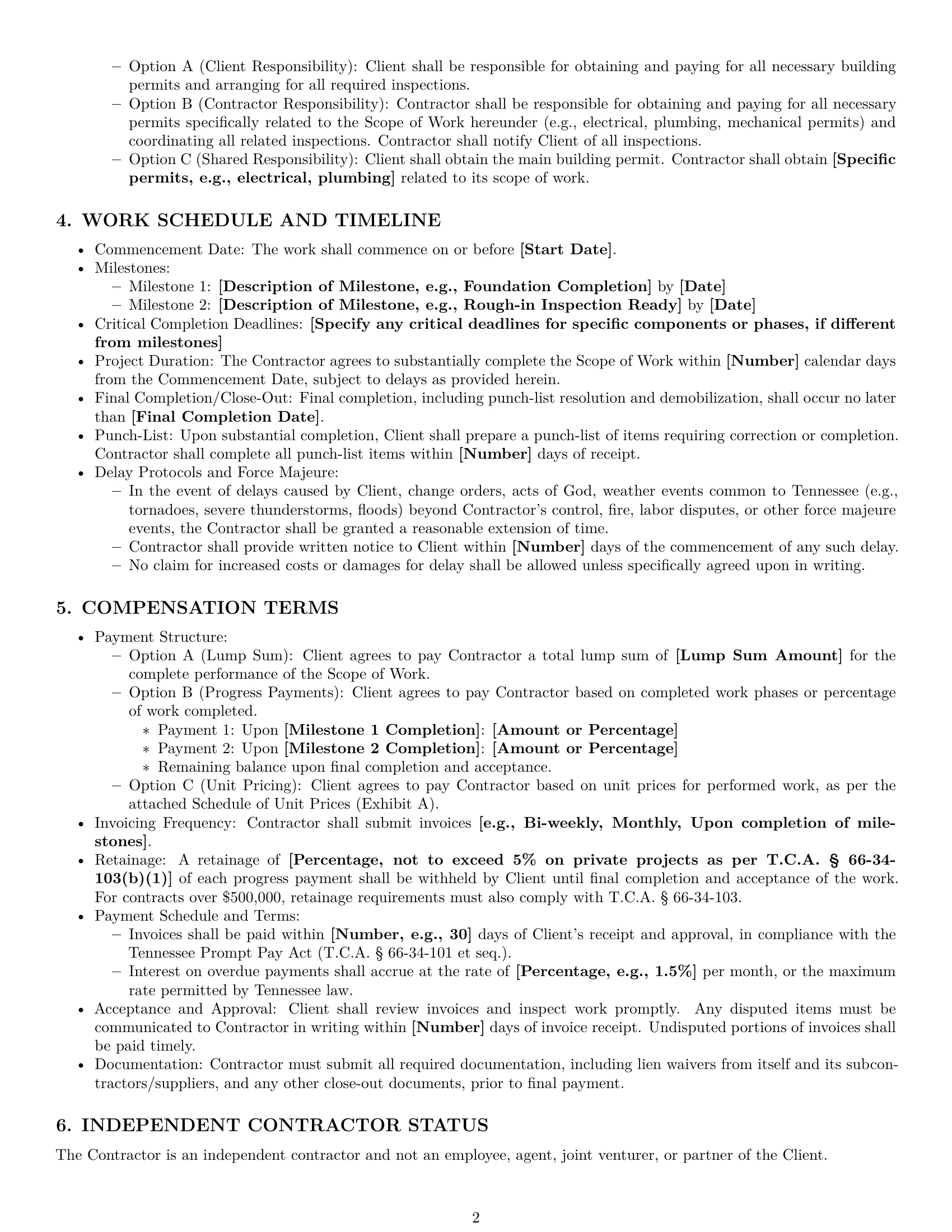 Preview page 2 of Pro Tennessee construction independent contractor agreement template