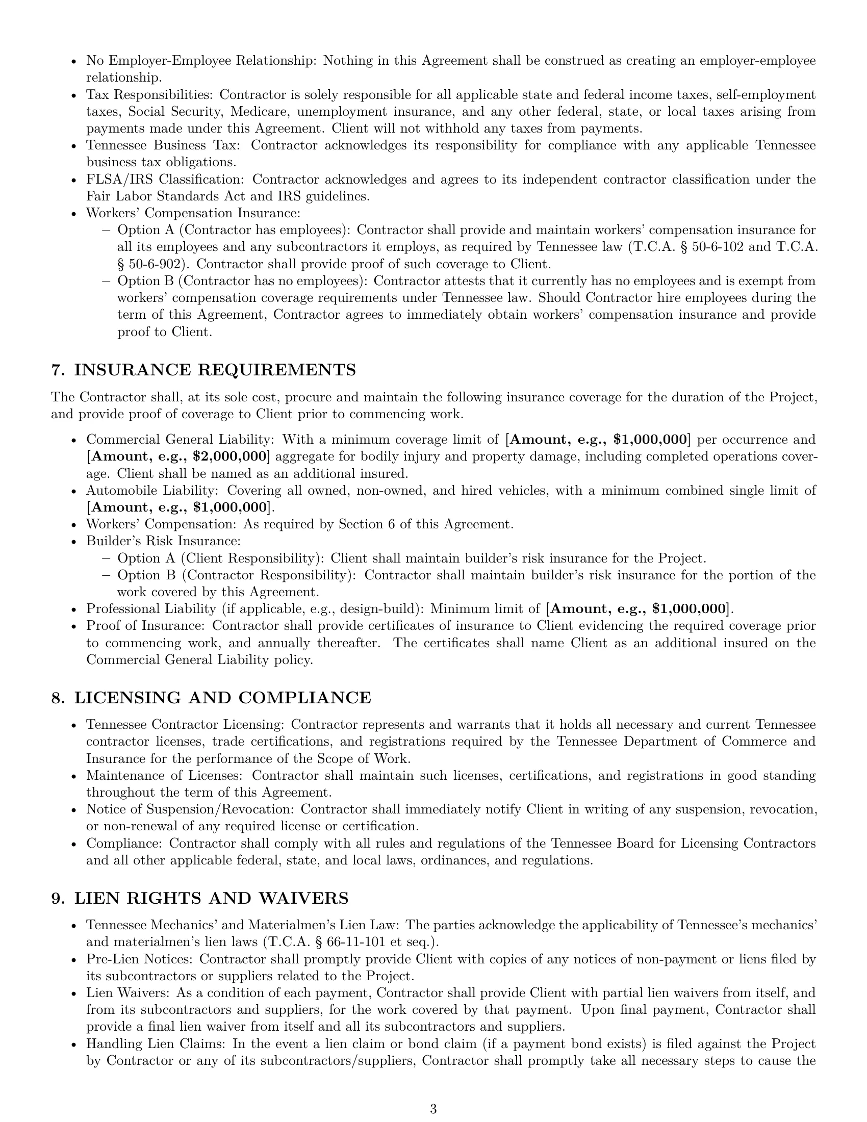 Preview page 3 of Pro Tennessee construction independent contractor agreement template
