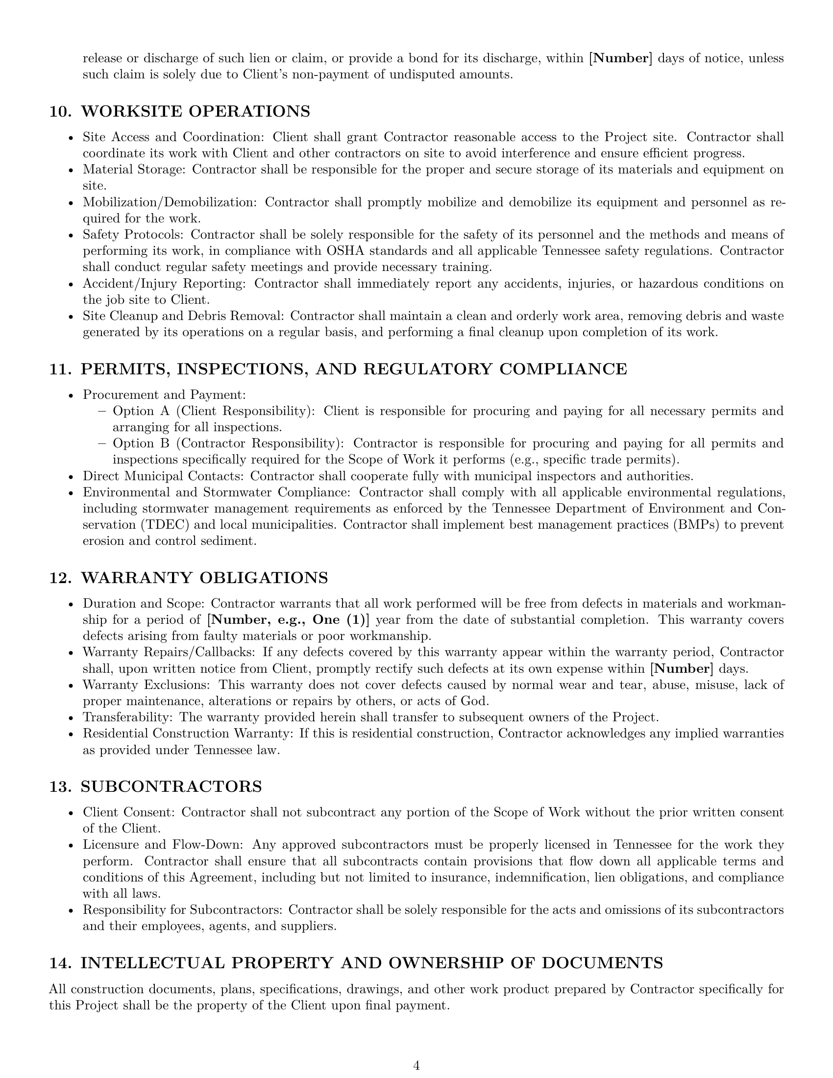 Preview page 4 of Pro Tennessee construction independent contractor agreement template