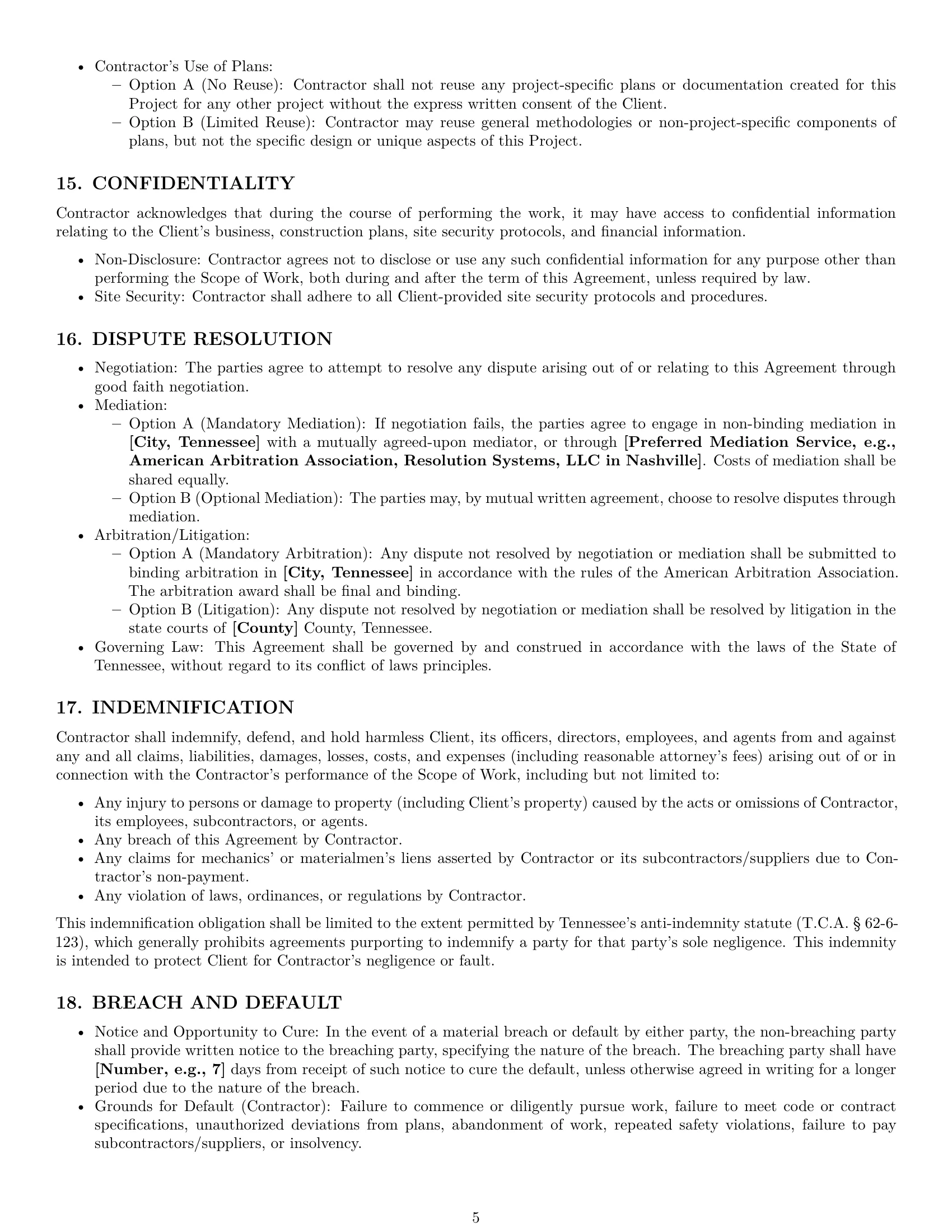 Preview page 5 of Pro Tennessee construction independent contractor agreement template