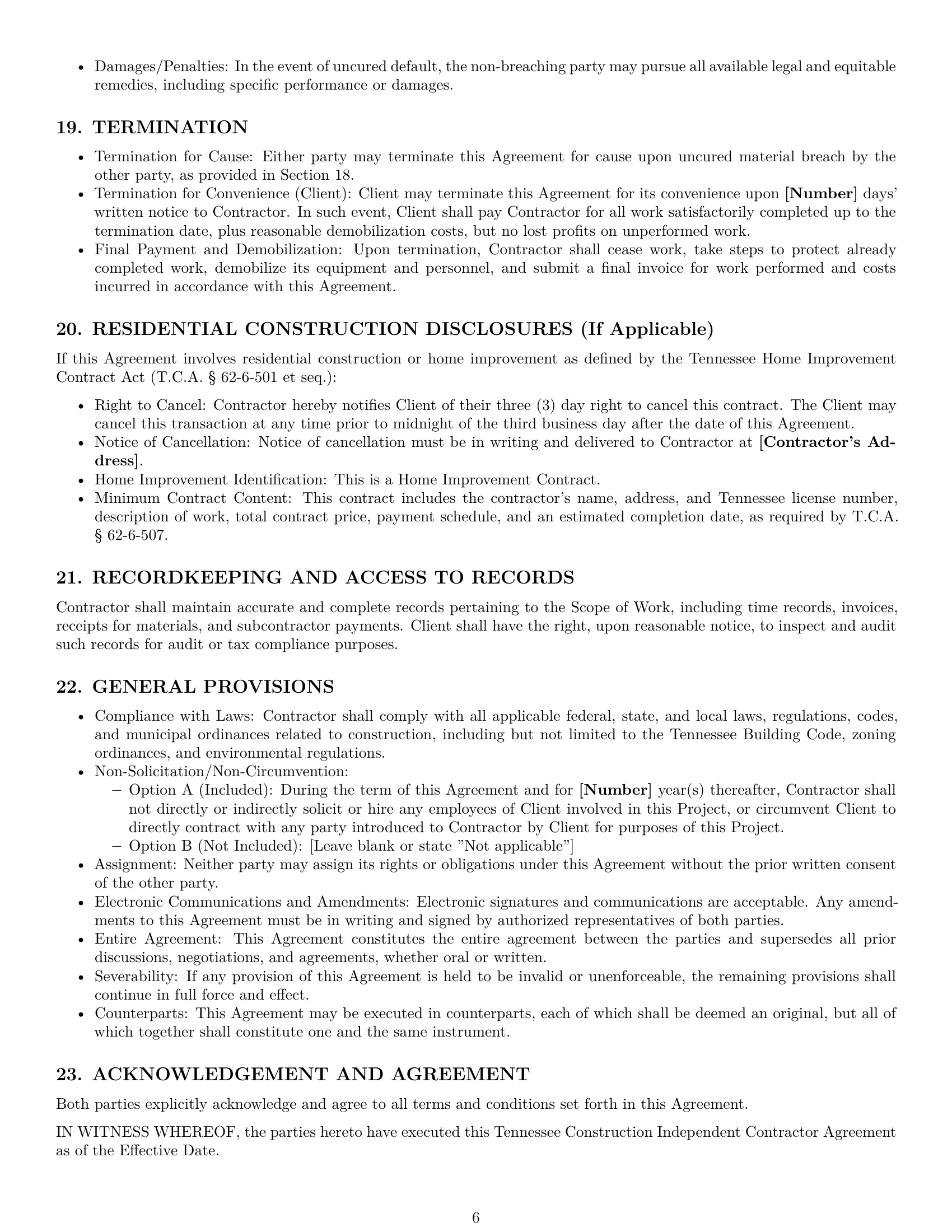 Preview page 6 of Pro Tennessee construction independent contractor agreement template