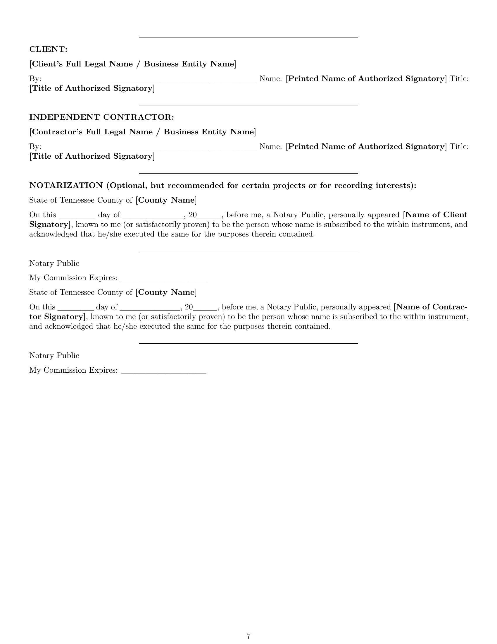 Preview page 7 of Pro Tennessee construction independent contractor agreement template