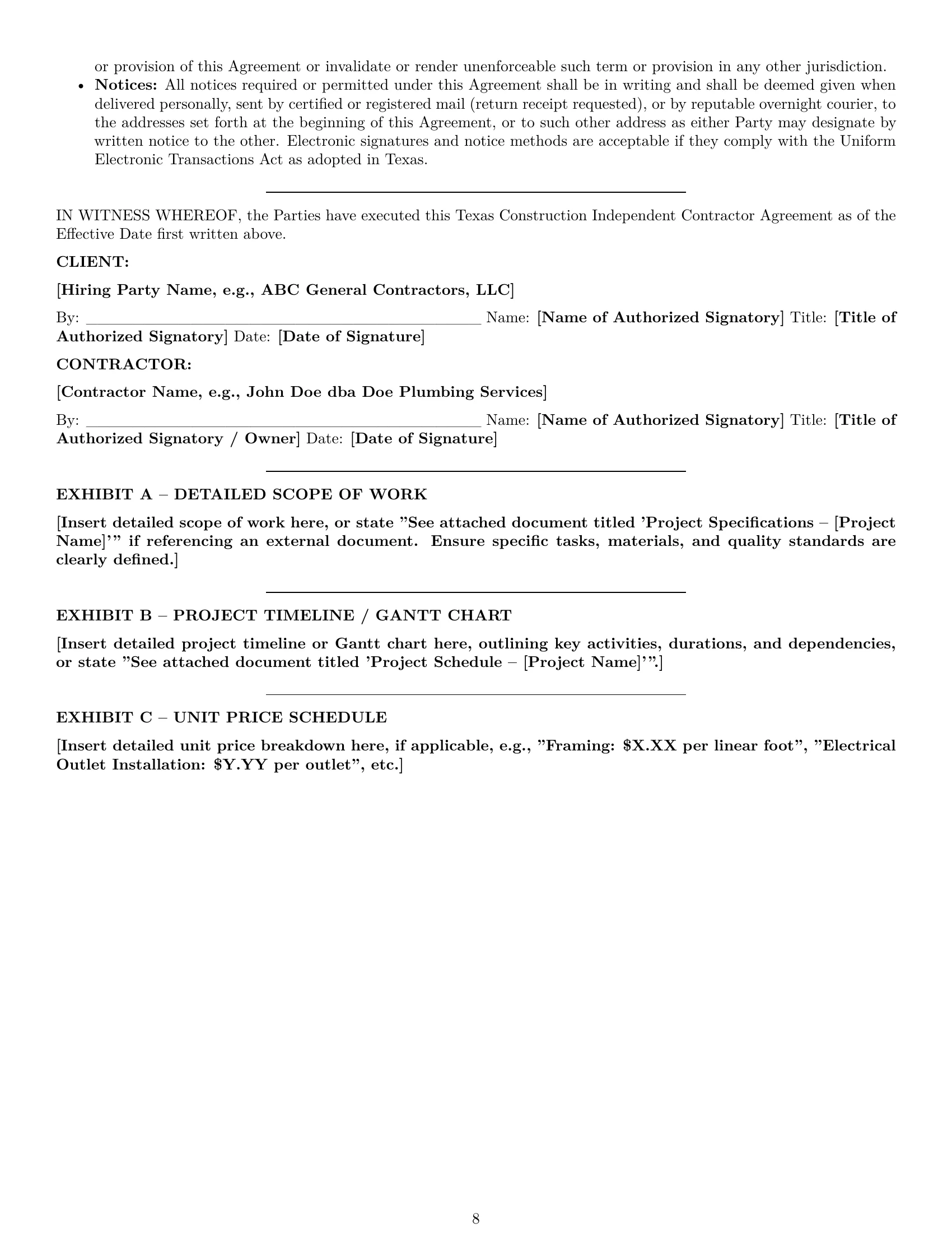 Preview page 8 of Pro Texas construction independent contractor agreement template